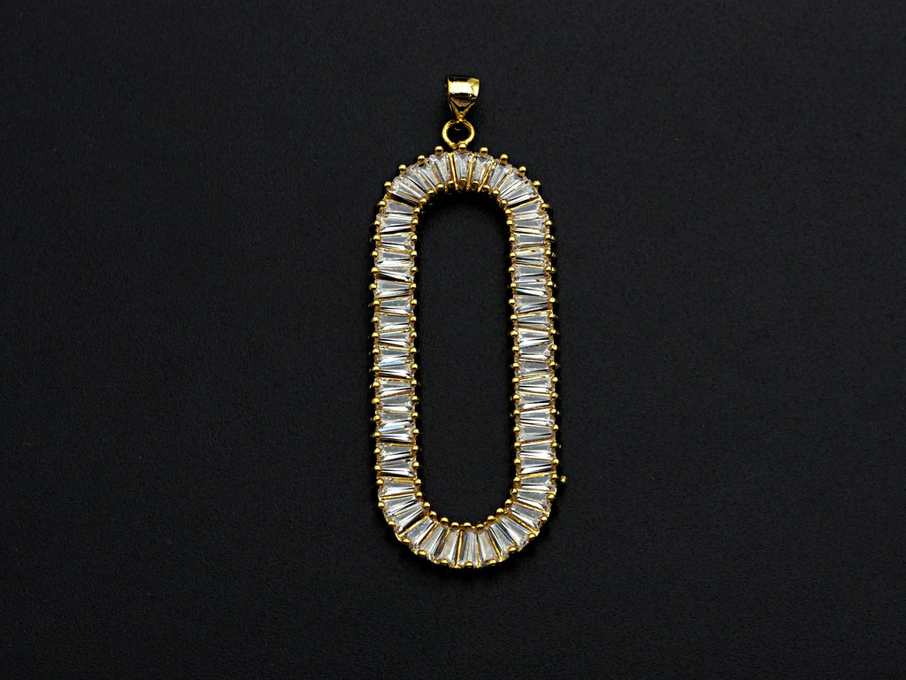 LARGE CZ Micro Pave Oval Clip Shape Pendant, Cubic Zirconia Frame Pendant, Silver/Gold Tone, 20x52mm, Sku#FH83