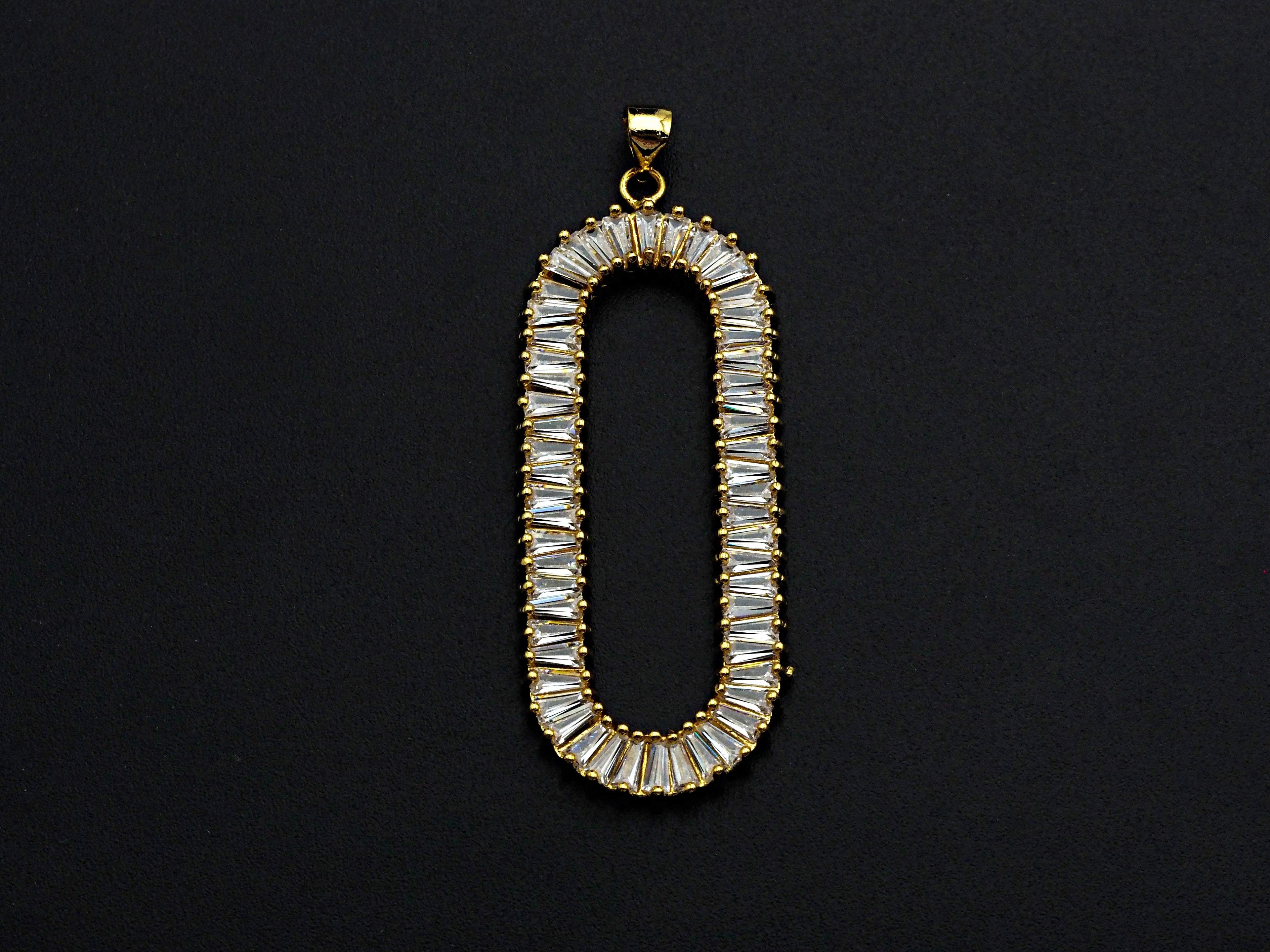 LARGE CZ Micro Pave Oval Clip Shape Pendant, Cubic Zirconia Frame Pendant, Silver/Gold Tone, 20x52mm, Sku#FH83