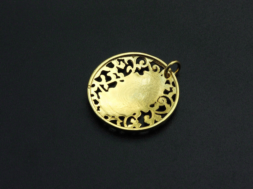 Mary Pendant/Charm, Filigree Mary Disc Pendant, Cubic Zirconia Pendant, Gold Tone, 25mm, Sku#FH23