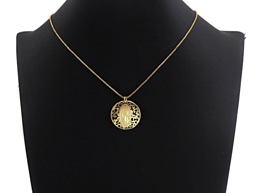 Mary Pendant/Charm, Filigree Mary Disc Pendant, Cubic Zirconia Pendant, Gold Tone, 25mm, Sku#FH23