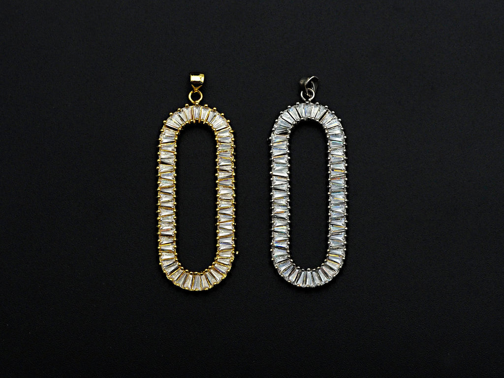 LARGE CZ Micro Pave Oval Clip Shape Pendant, Cubic Zirconia Frame Pendant, Silver/Gold Tone, 20x52mm, Sku#FH83