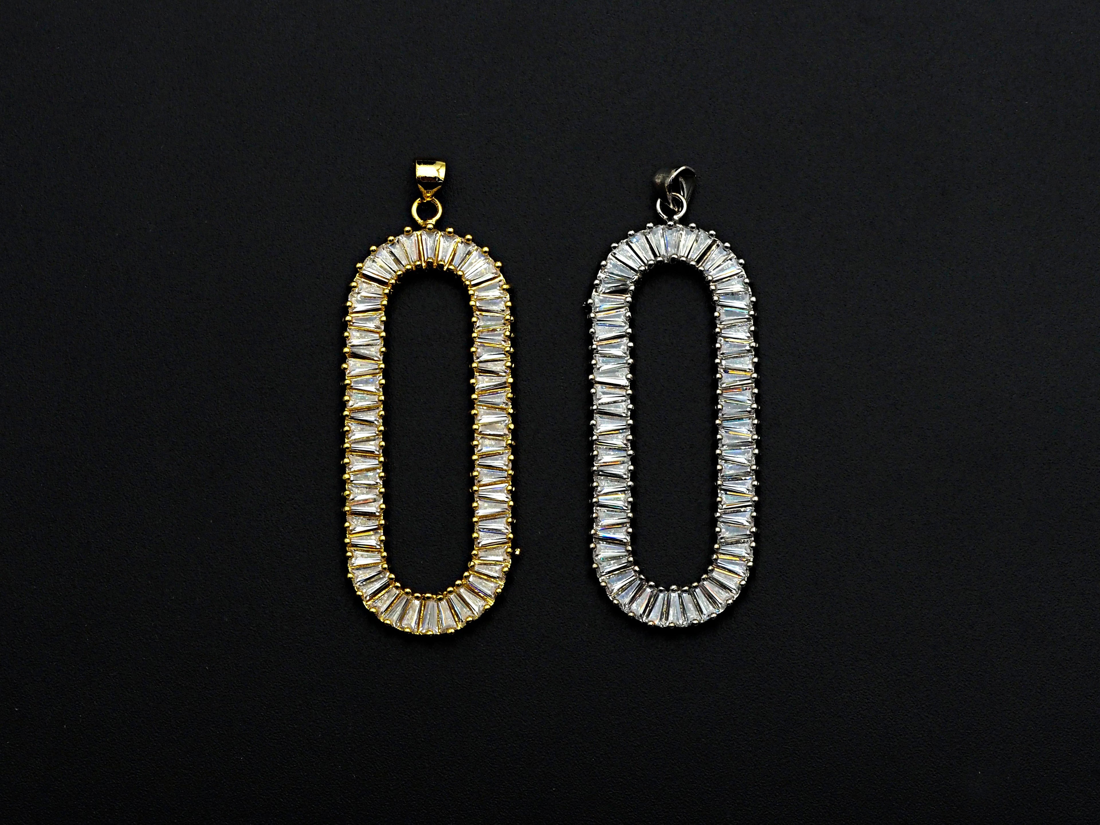 LARGE CZ Micro Pave Oval Clip Shape Pendant, Cubic Zirconia Frame Pendant, Silver/Gold Tone, 20x52mm, Sku#FH83