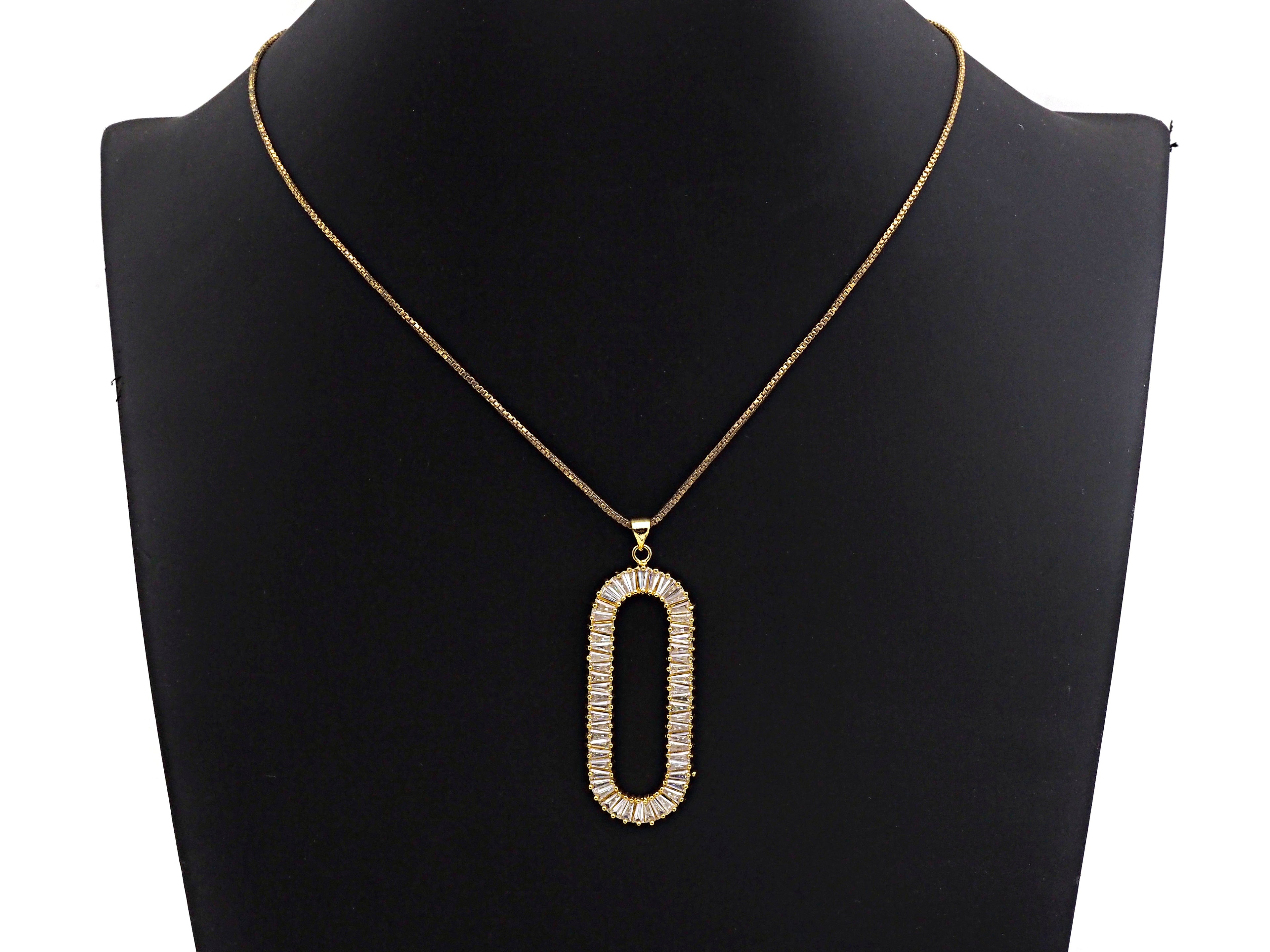 LARGE CZ Micro Pave Oval Clip Shape Pendant, Cubic Zirconia Frame Pendant, Silver/Gold Tone, 20x52mm, Sku#FH83