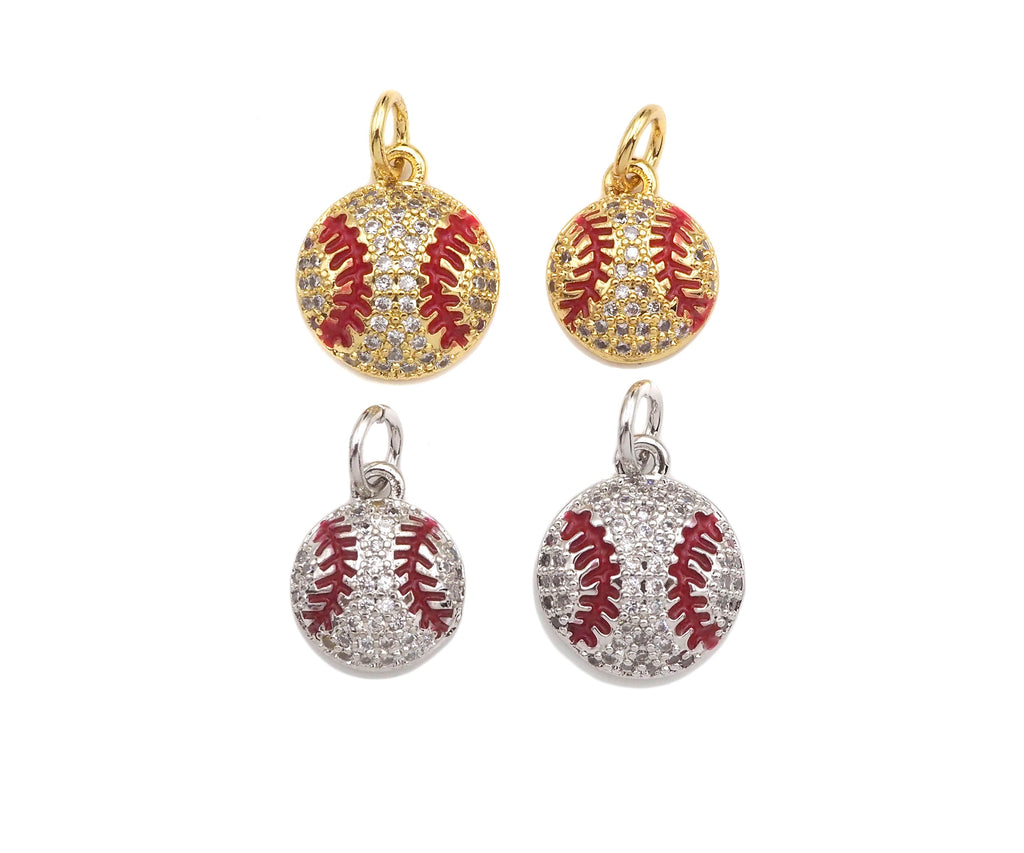 CZ Micro Pave Gold Silver Baseball Charm, Cubic Zirconia Baseball Pendant, Sport Ball Charm, 10x12/11x13mm,Sku#F1353