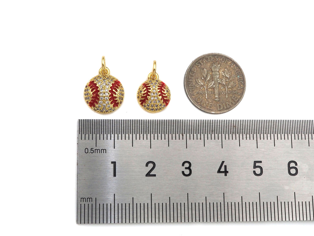 CZ Micro Pave Gold Silver Baseball Charm, Cubic Zirconia Baseball Pendant, Sport Ball Charm, 10x12/11x13mm,Sku#F1353