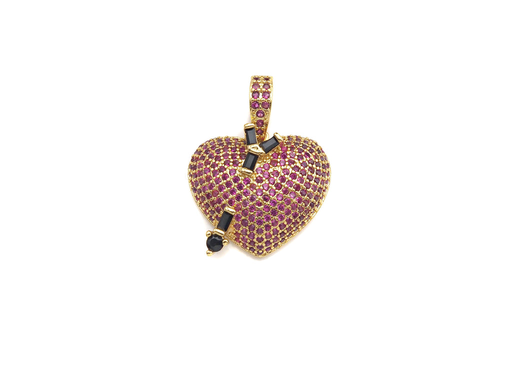 Fuchsia CZ Micro Pave Cupid's Arrow Heart  Pendant, Cubic Zirconia Heart Pendant, Gold Tone pendant, 19mm, sku#F1122