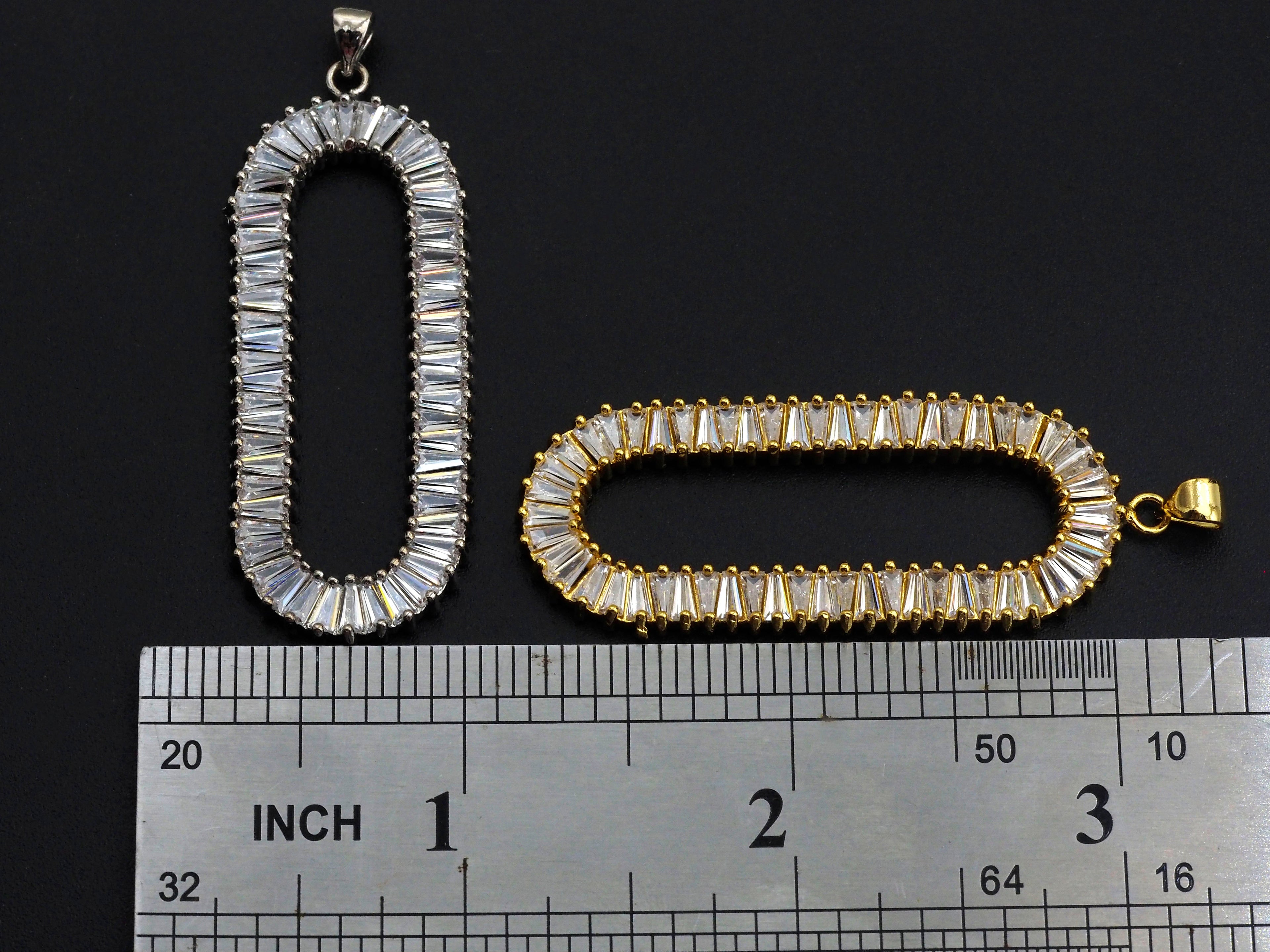 LARGE CZ Micro Pave Oval Clip Shape Pendant, Cubic Zirconia Frame Pendant, Silver/Gold Tone, 20x52mm, Sku#FH83