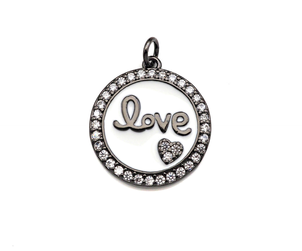 White Enamel Love with Pave Heart On Round Charms/Pendant, Enamel Pendant, Micro Pave CZ, Coin Enamel Jewelry Findings,19x21mm,Sku#FH147