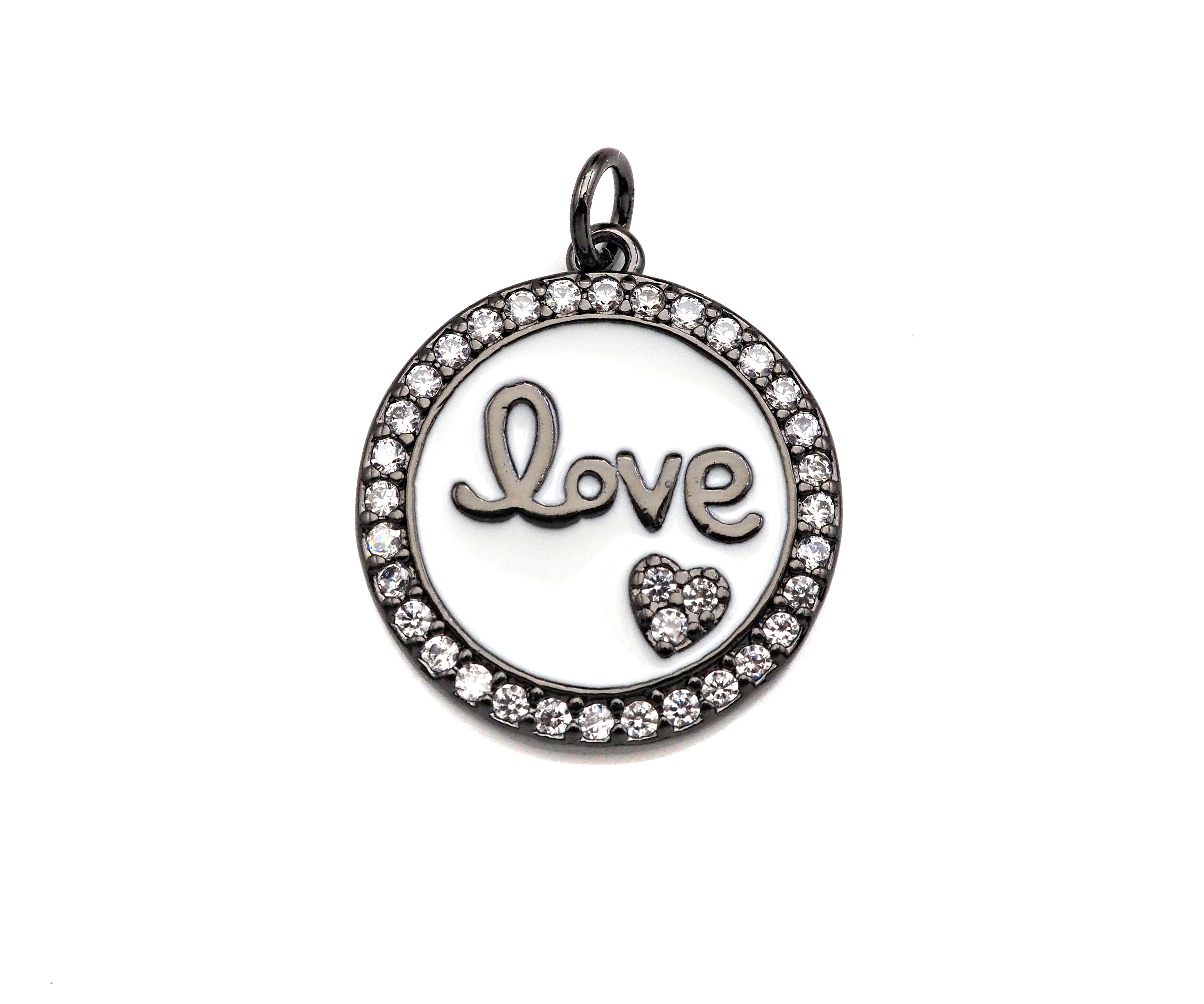 White Enamel Love with Pave Heart On Round Charms/Pendant, Enamel Pendant, Micro Pave CZ, Coin Enamel Jewelry Findings,19x21mm,Sku#FH147
