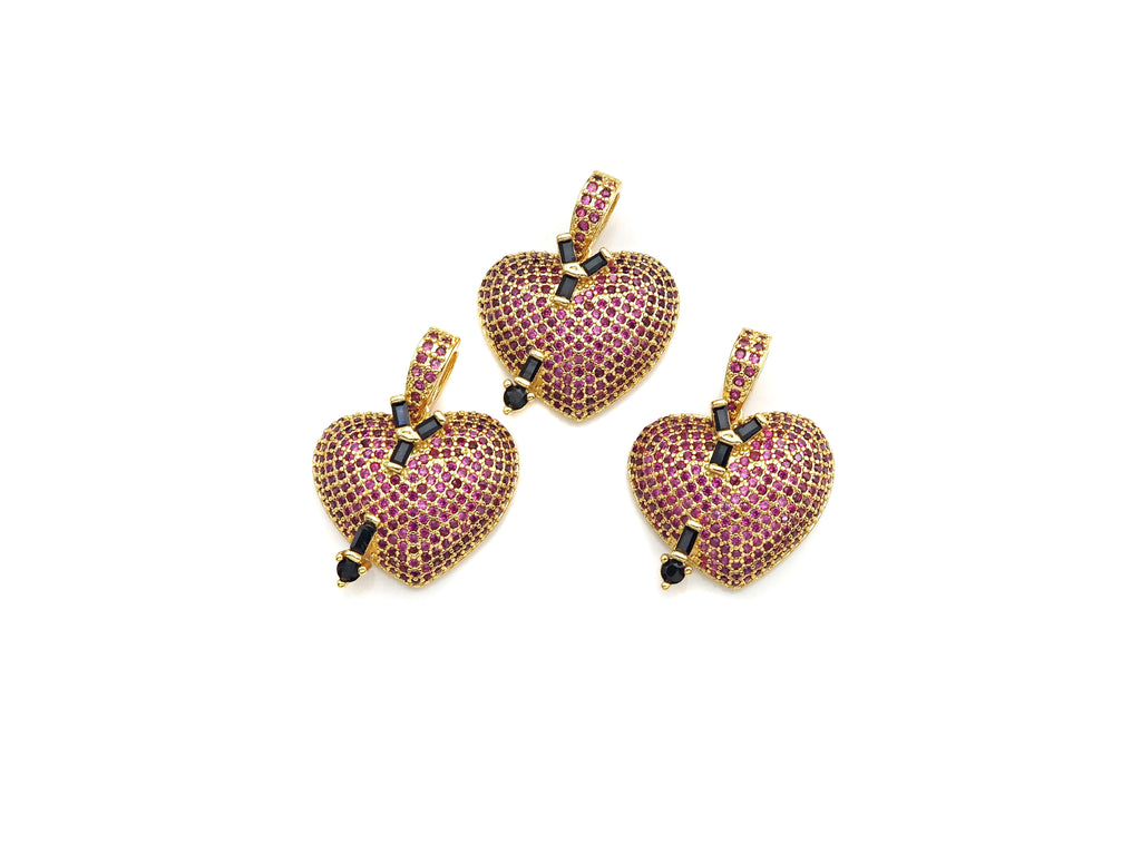 Fuchsia CZ Micro Pave Cupid's Arrow Heart  Pendant, Cubic Zirconia Heart Pendant, Gold Tone pendant, 19mm, sku#F1122