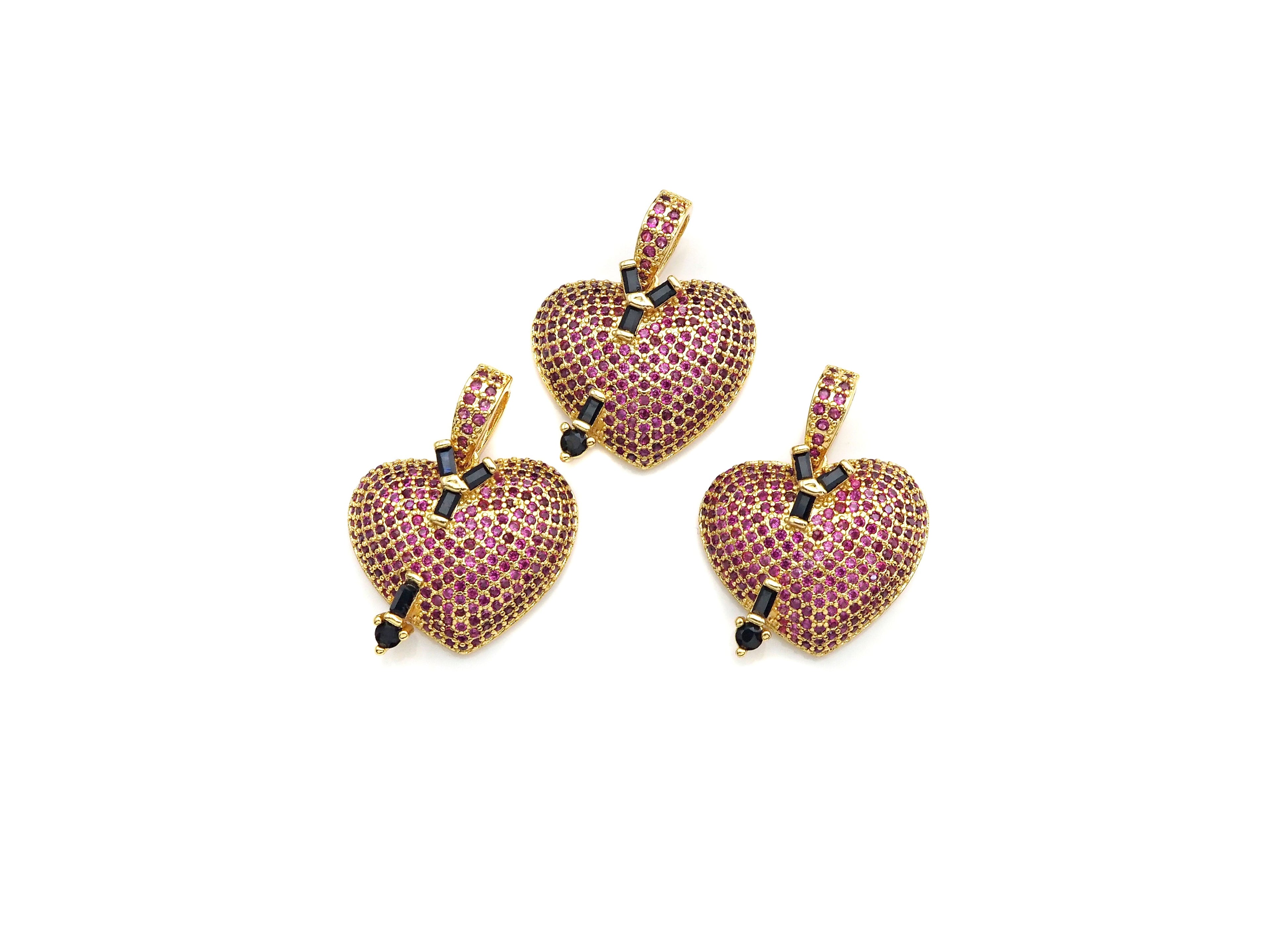 Fuchsia CZ Micro Pave Cupid's Arrow Heart  Pendant, Cubic Zirconia Heart Pendant, Gold Tone pendant, 19mm, sku#F1122