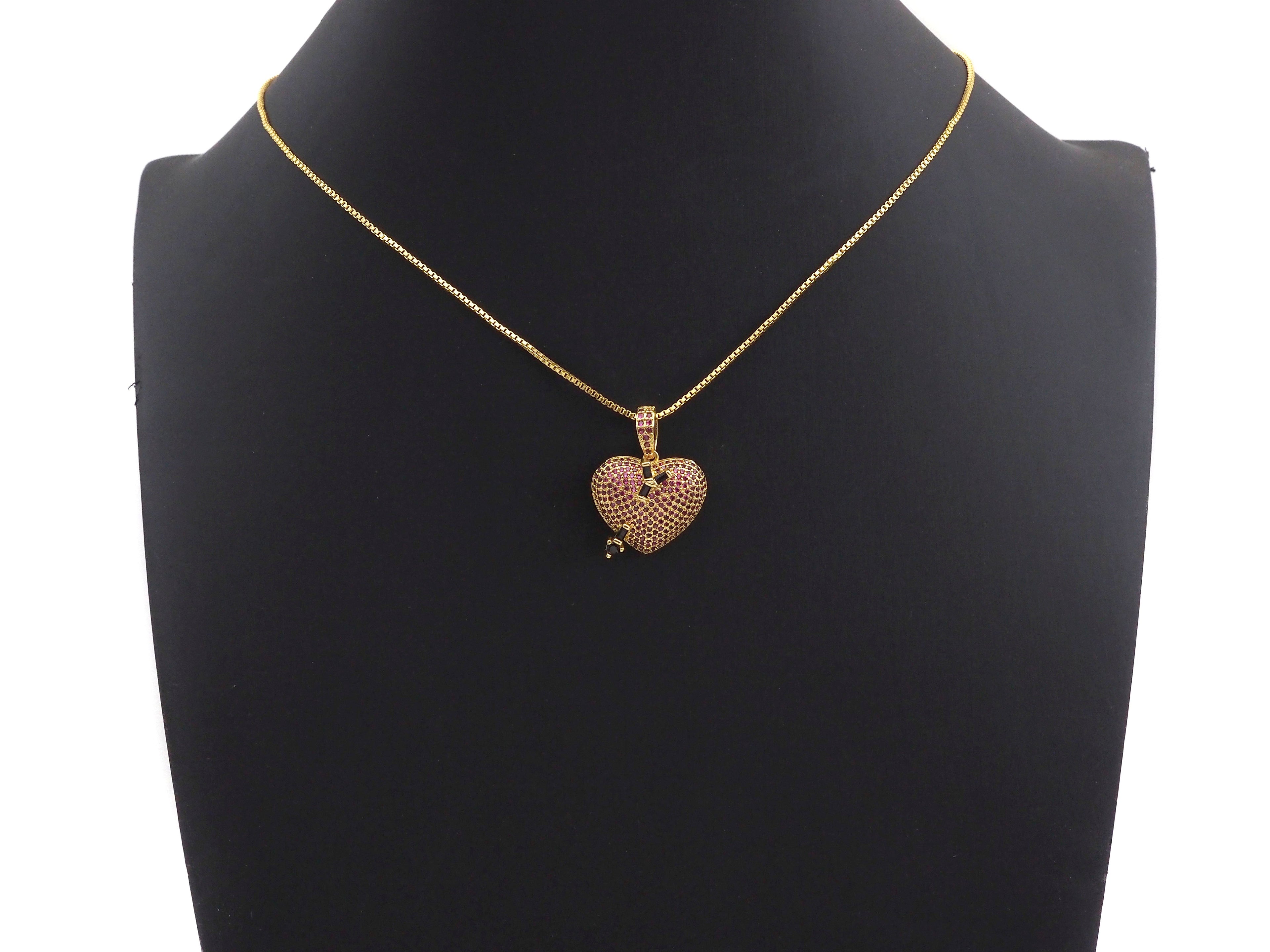 Fuchsia CZ Micro Pave Cupid's Arrow Heart  Pendant, Cubic Zirconia Heart Pendant, Gold Tone pendant, 19mm, sku#F1122