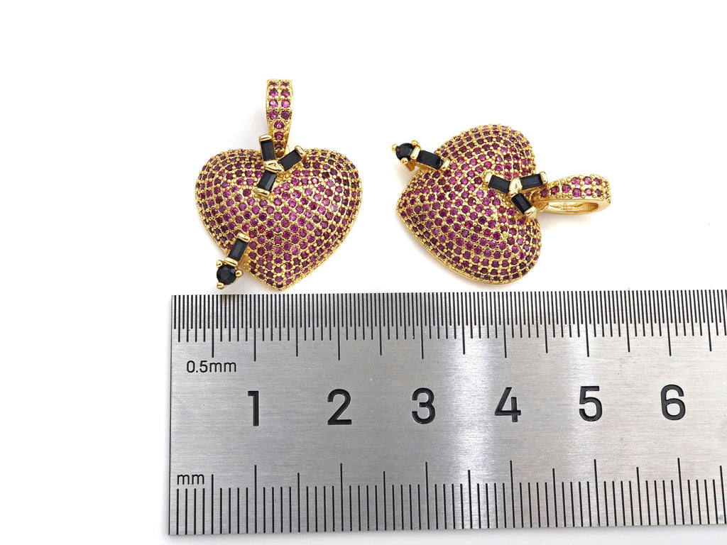Fuchsia CZ Micro Pave Cupid's Arrow Heart  Pendant, Cubic Zirconia Heart Pendant, Gold Tone pendant, 19mm, sku#F1122