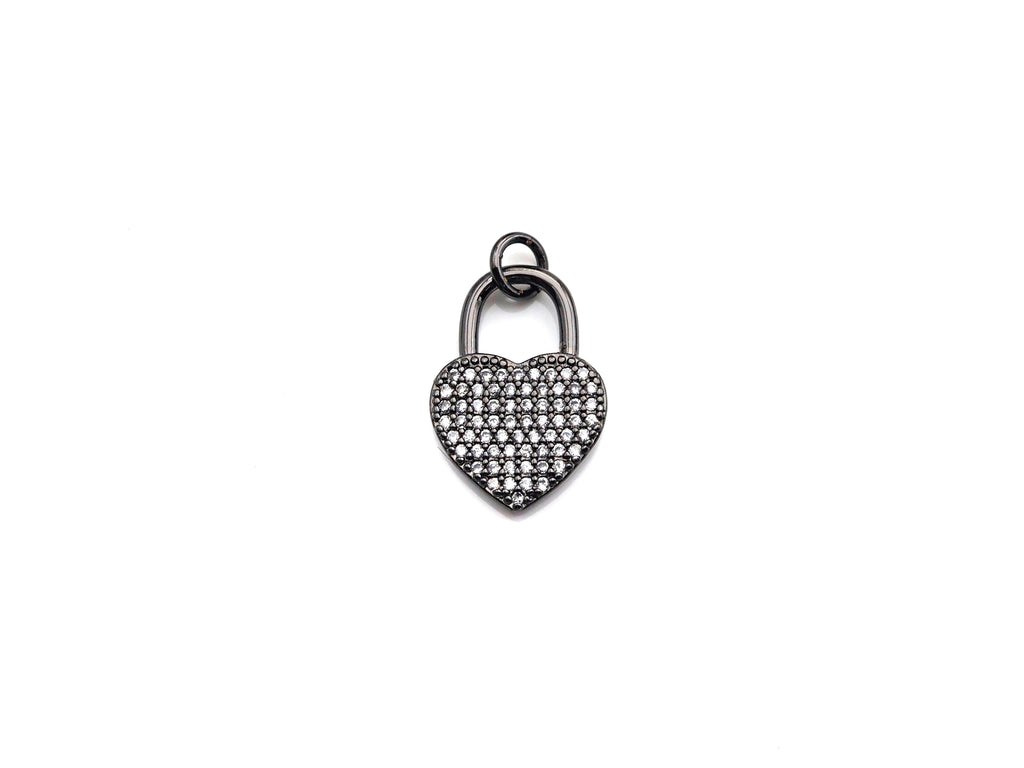 CZ Micro Pave Heart Lock Pendant, Cubic Zirconia Heart Pendant, Gold/Rose Gold/Black Tone pendant, 13x18mm, sku#F1124