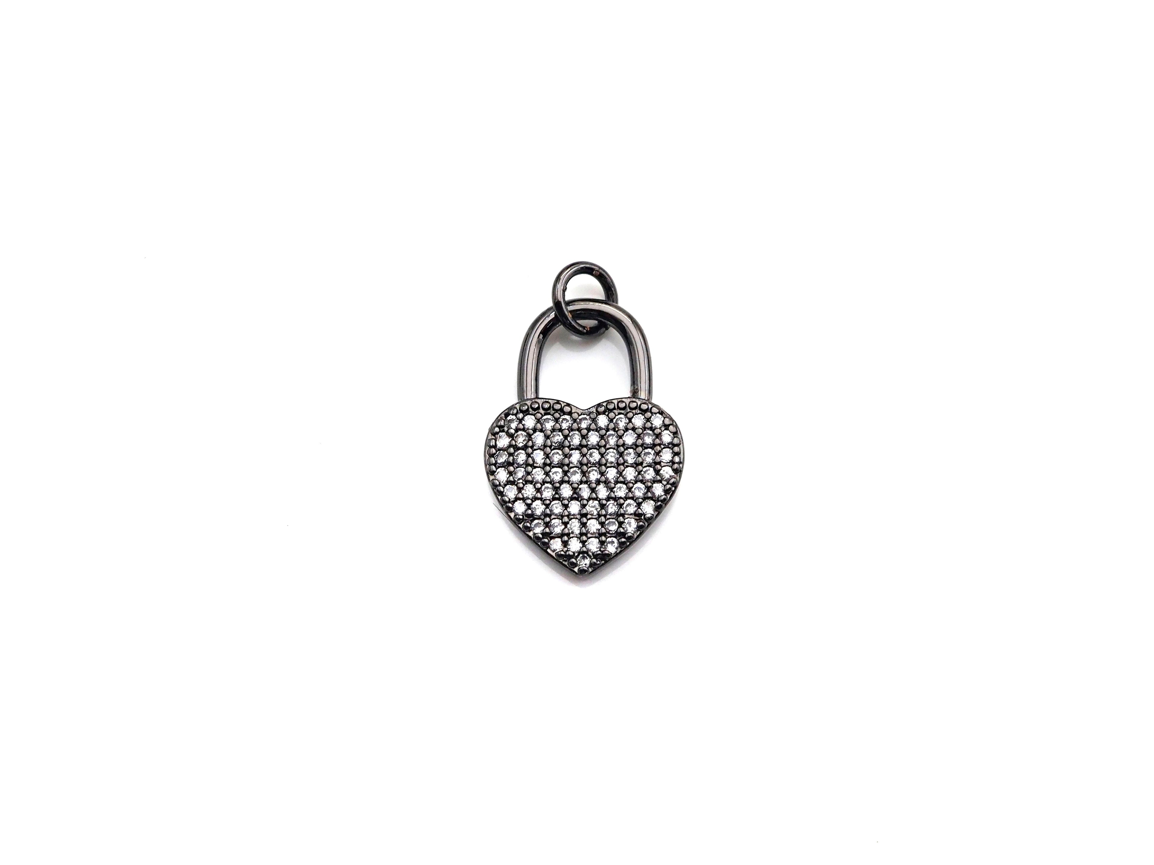 CZ Micro Pave Heart Lock Pendant, Cubic Zirconia Heart Pendant, Gold/Rose Gold/Black Tone pendant, 13x18mm, sku#F1124