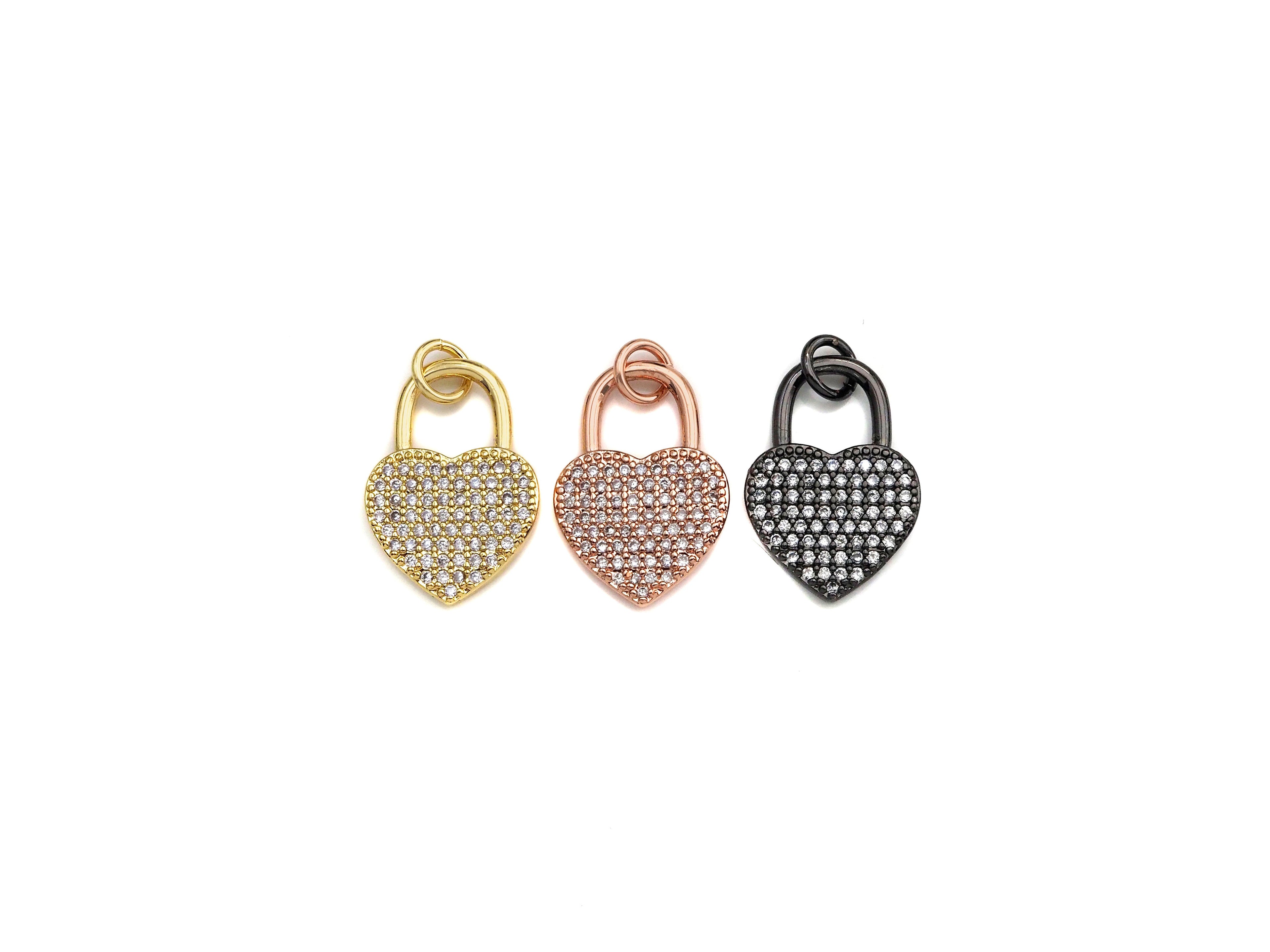 CZ Micro Pave Heart Lock Pendant, Cubic Zirconia Heart Pendant, Gold/Rose Gold/Black Tone pendant, 13x18mm, sku#F1124