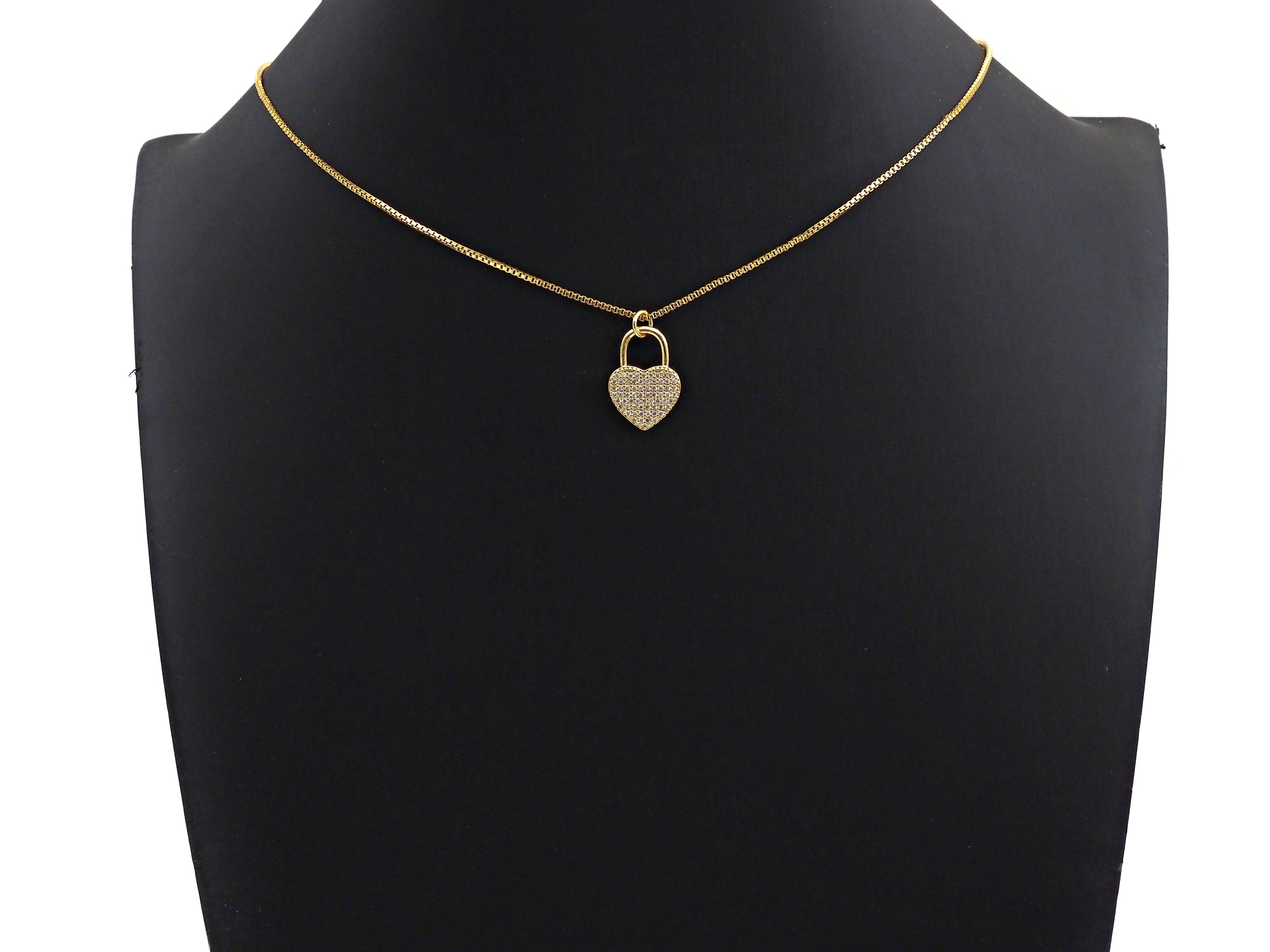 CZ Micro Pave Heart Lock Pendant, Cubic Zirconia Heart Pendant, Gold/Rose Gold/Black Tone pendant, 13x18mm, sku#F1124
