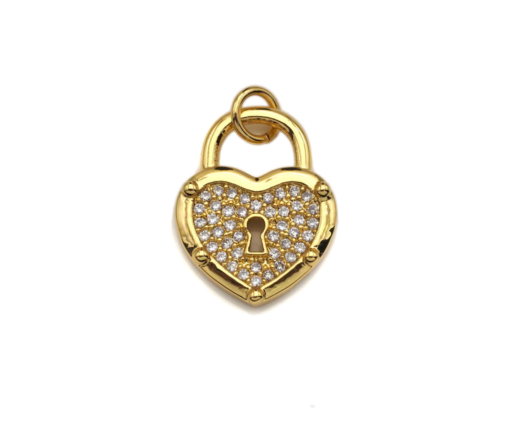 CZ Micro Pave Hollow Out Heart Shape Lock Pendant, Lock Pave Charm, Sku#F1184C