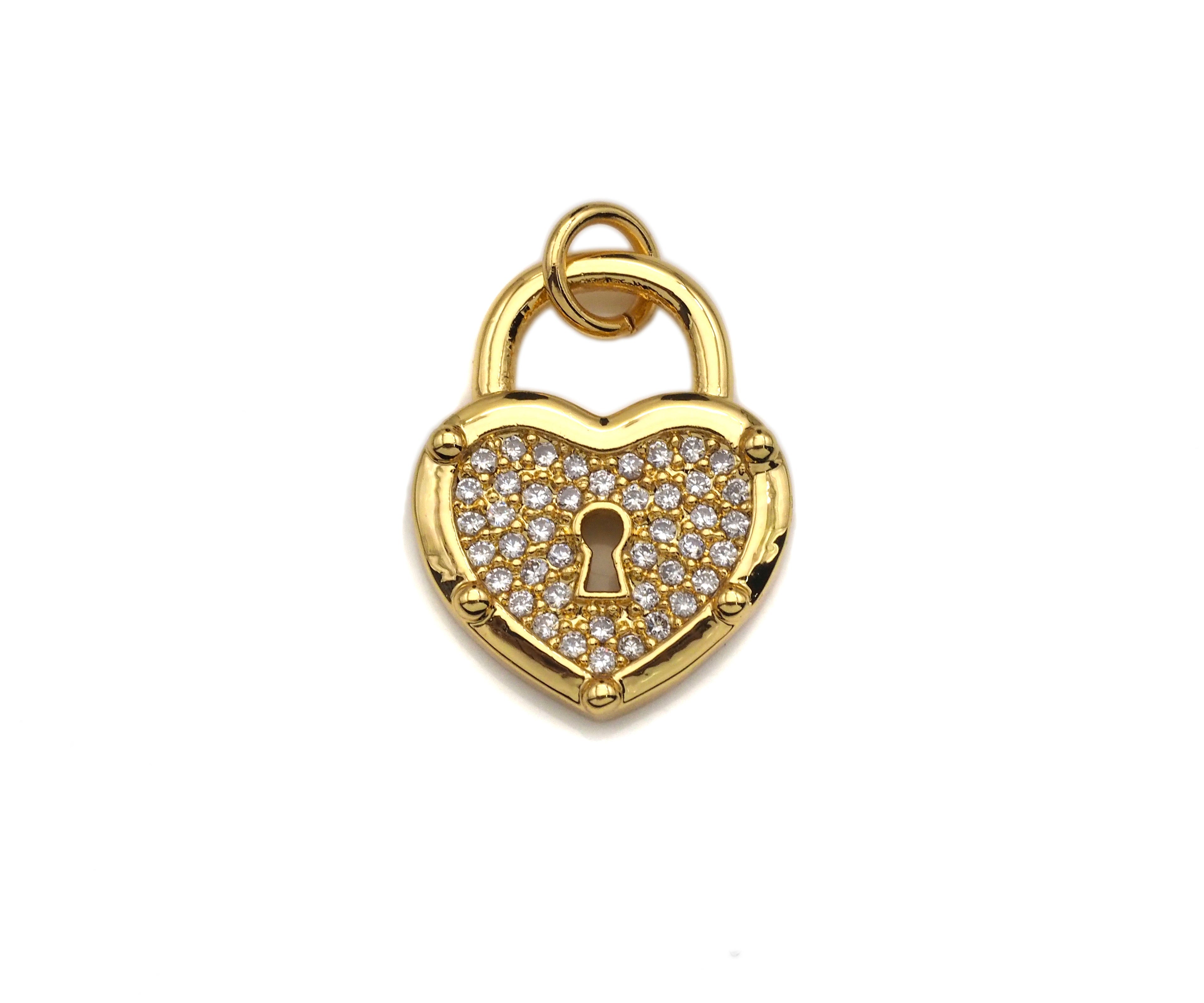CZ Micro Pave Hollow Out Heart Shape Lock Pendant, Lock Pave Charm, Sku#F1184C