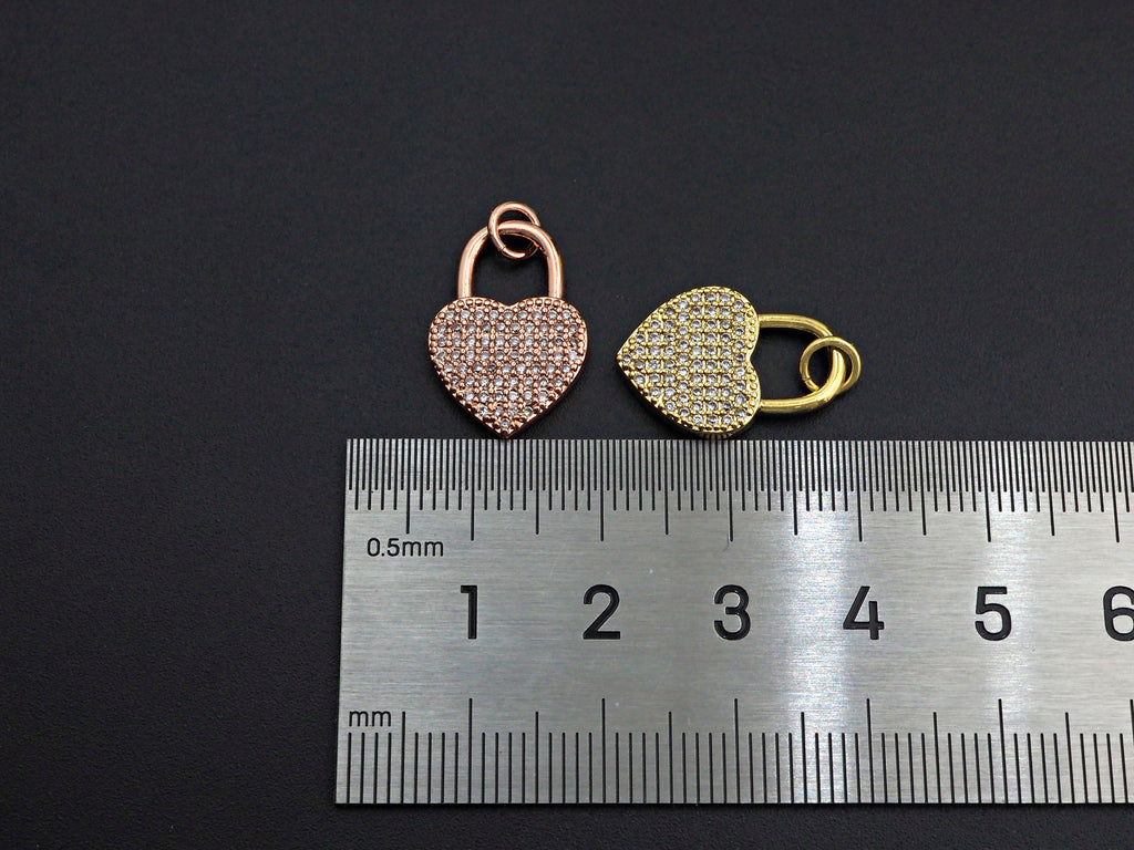 CZ Micro Pave Heart Lock Pendant, Cubic Zirconia Heart Pendant, Gold/Rose Gold/Black Tone pendant, 13x18mm, sku#F1124