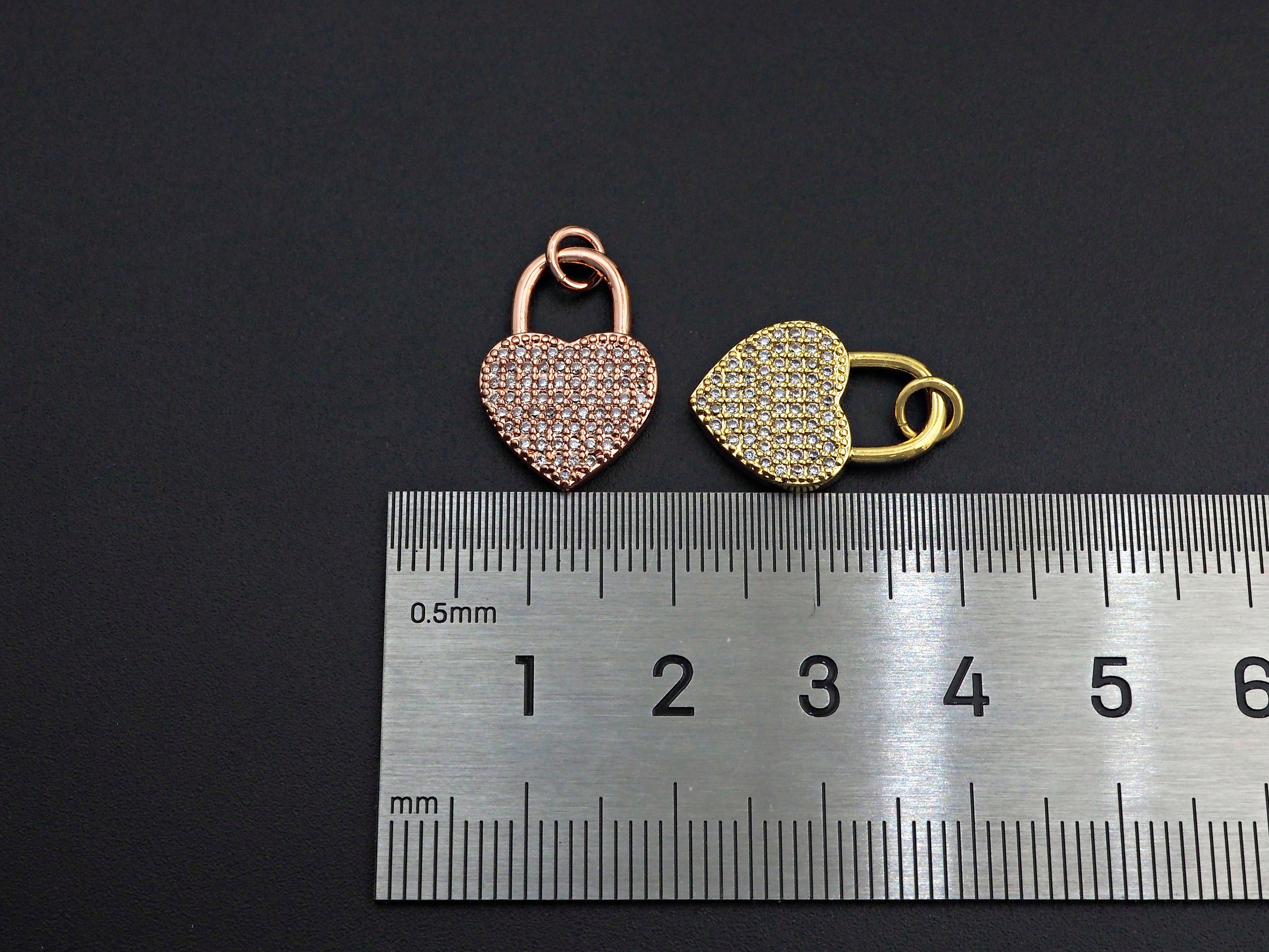 CZ Micro Pave Heart Lock Pendant, Cubic Zirconia Heart Pendant, Gold/Rose Gold/Black Tone pendant, 13x18mm, sku#F1124