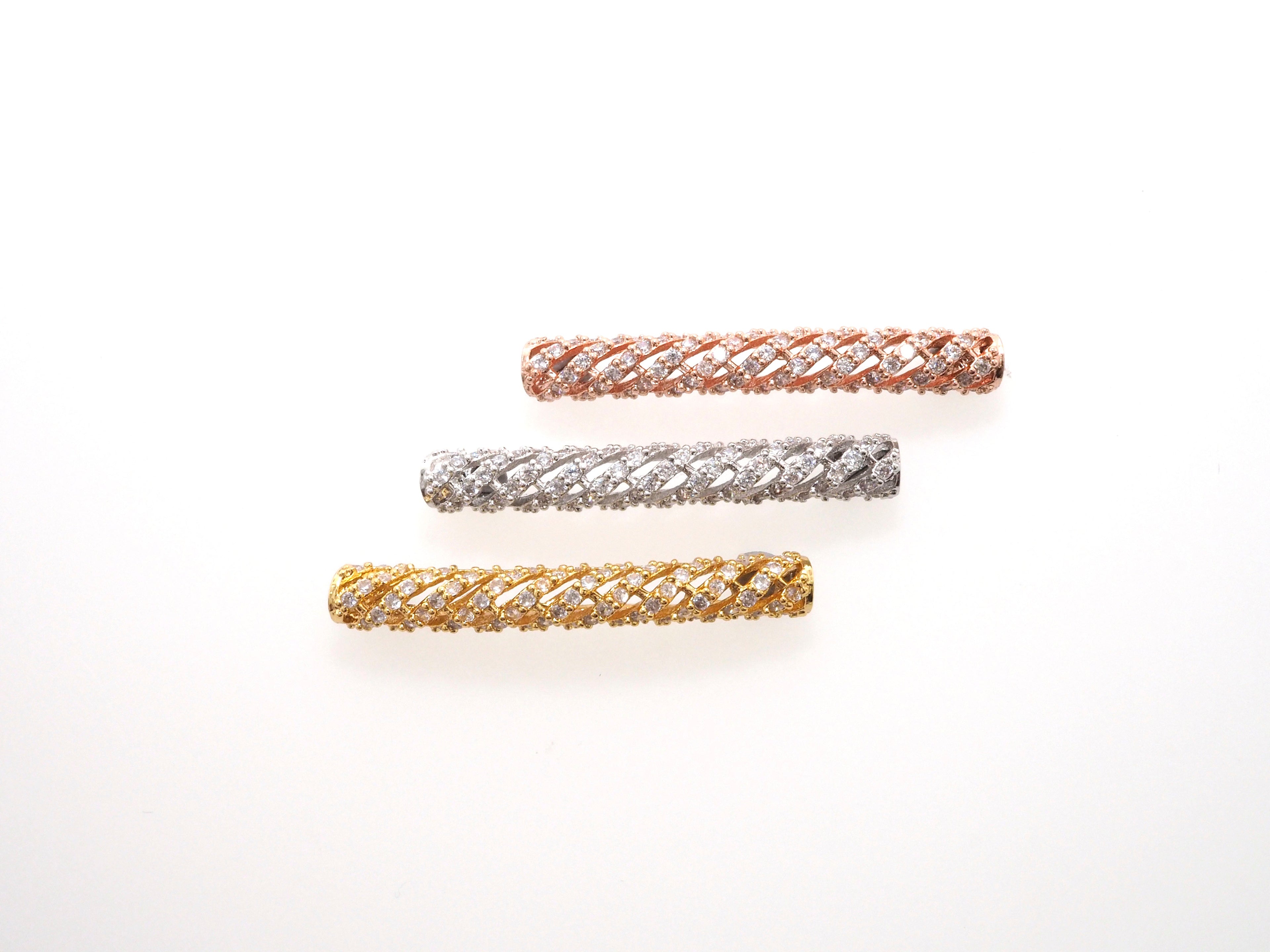 CZ Micro Pave Twill Curved Tube Beads, Tube Beads for Bracelet, CZ Pave Spacer, Gold/Rose Gold/Black/Silver Spacer Tube, 5x35mm,sku#G400C