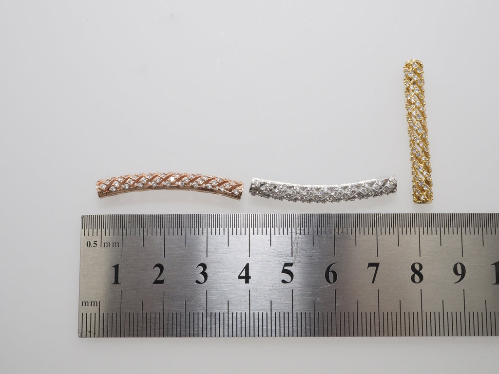 CZ Micro Pave Twill Curved Tube Beads, Tube Beads for Bracelet, CZ Pave Spacer, Gold/Rose Gold/Black/Silver Spacer Tube, 5x35mm,sku#G400C