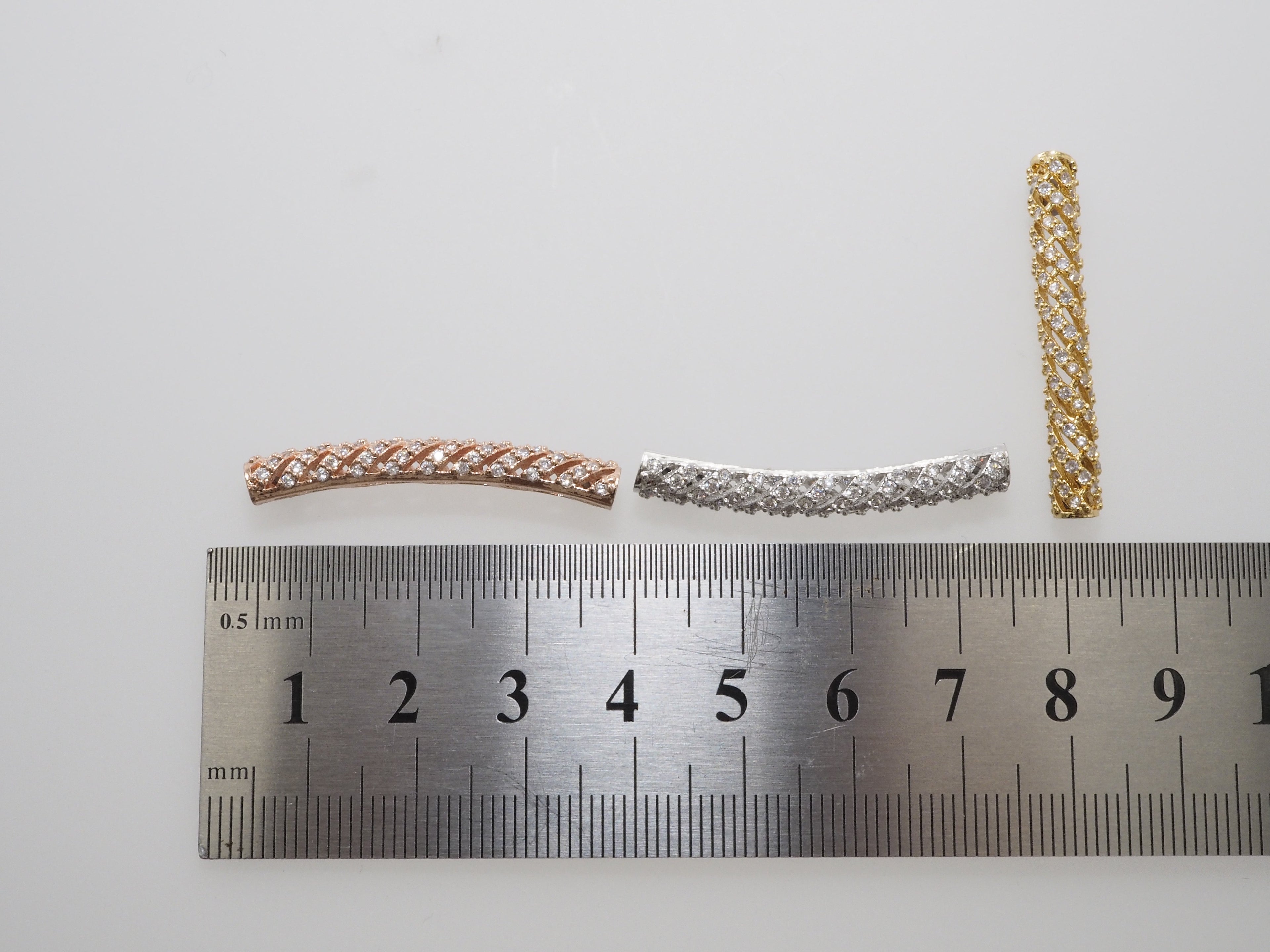 CZ Micro Pave Twill Curved Tube Beads, Tube Beads for Bracelet, CZ Pave Spacer, Gold/Rose Gold/Black/Silver Spacer Tube, 5x35mm,sku#G400C