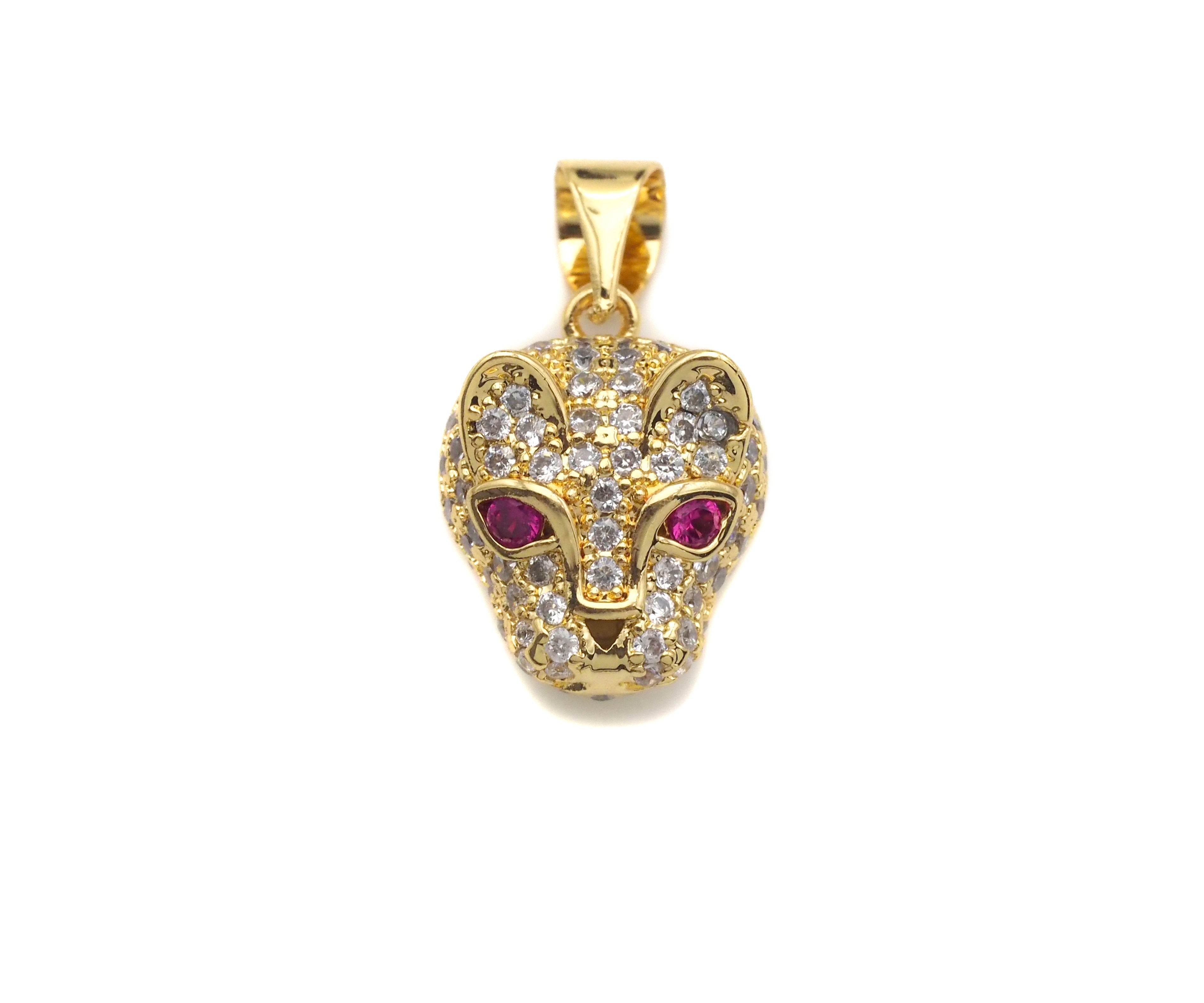 CZ Micro Pave Leopard Head With Fuchsia Eye Pendant, Gold/Silver Plated Jewelry, Panther Charm Pendant, 10x13mm,sku#F1216