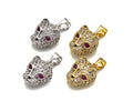 CZ Micro Pave Leopard Head With Fuchsia Eye Pendant, Gold/Silver Plated Jewelry, Panther Charm Pendant, 10x13mm,sku#F1216