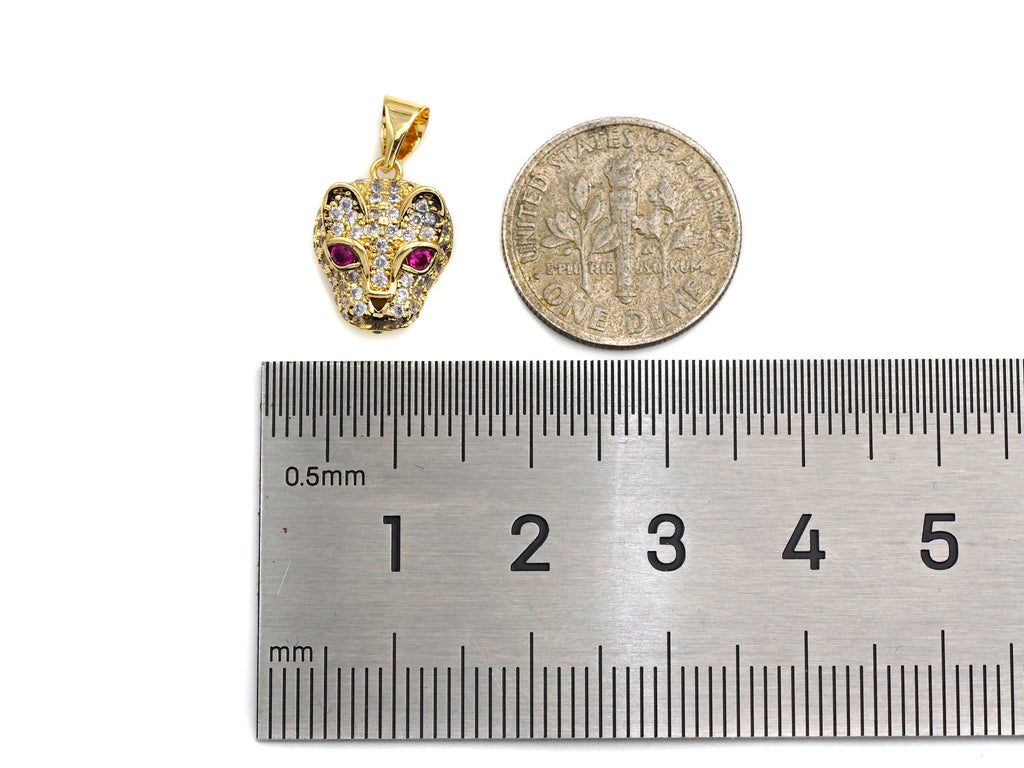 CZ Micro Pave Leopard Head With Fuchsia Eye Pendant, Gold/Silver Plated Jewelry, Panther Charm Pendant, 10x13mm,sku#F1216