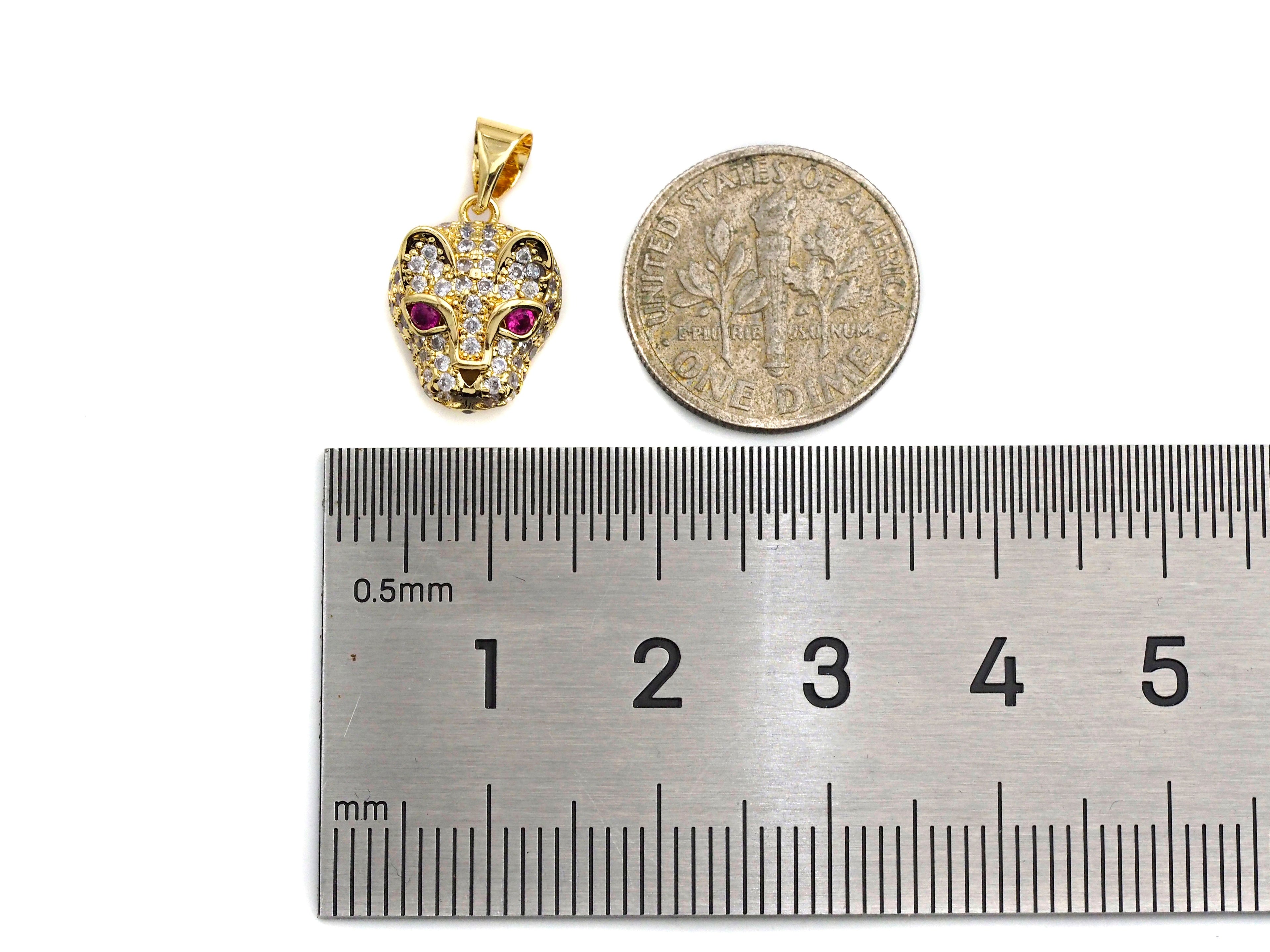 CZ Micro Pave Leopard Head With Fuchsia Eye Pendant, Gold/Silver Plated Jewelry, Panther Charm Pendant, 10x13mm,sku#F1216