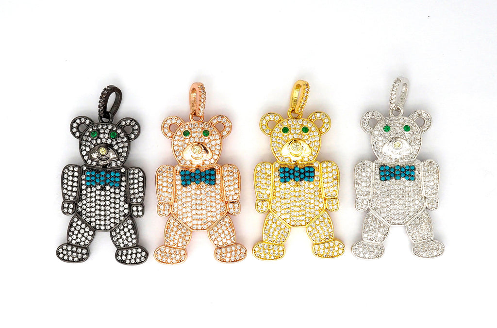 CZ Micro Pave Teddy Bear Pendant/Charm, Cubic Zirconia Focal Bear Pendant, Gold/Silver/Rose Gold/Black, 40mm, SKU#F516