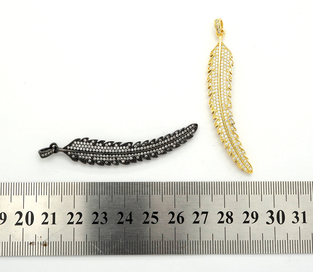 CZ Micro Pave Leaf Feather Pendant, Gold/Rose gold/Silver/Black plated, Cubic Zirconia leaf Pendant/Charm,46x12mm,sku#F511