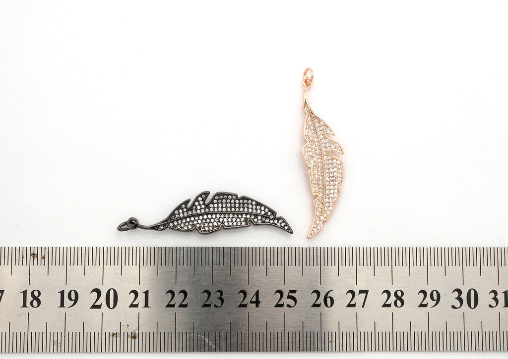 CZ Micro Pave Leaf Feather Pendant, Gold/Rose gold/Silver/Black plated, Cubic Zirconia leaf Pendant/Charm,46x12mm,sku#F511