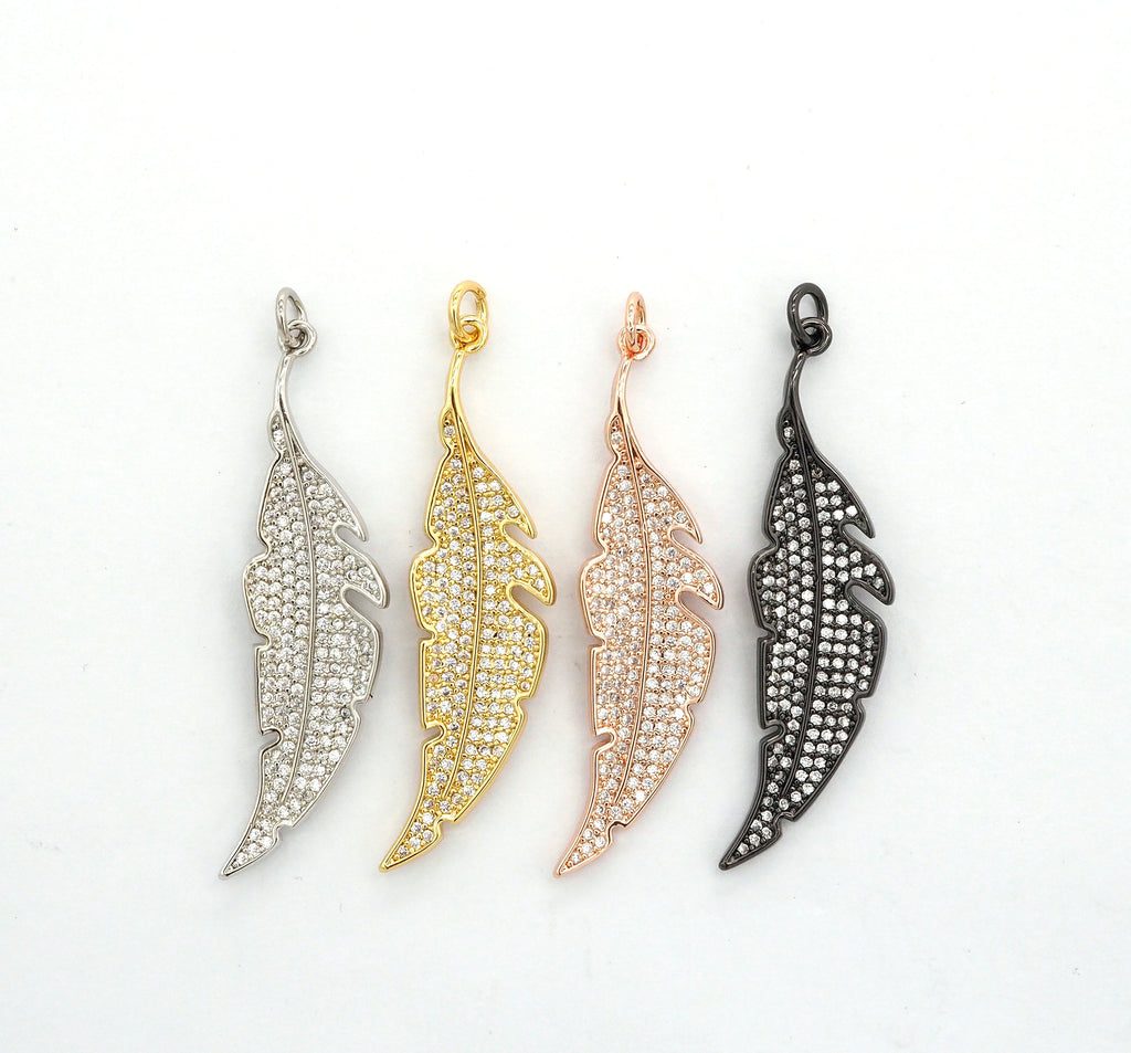CZ Micro Pave Leaf Feather Pendant, Gold/Rose gold/Silver/Black plated, Cubic Zirconia leaf Pendant/Charm,46x12mm,sku#F511