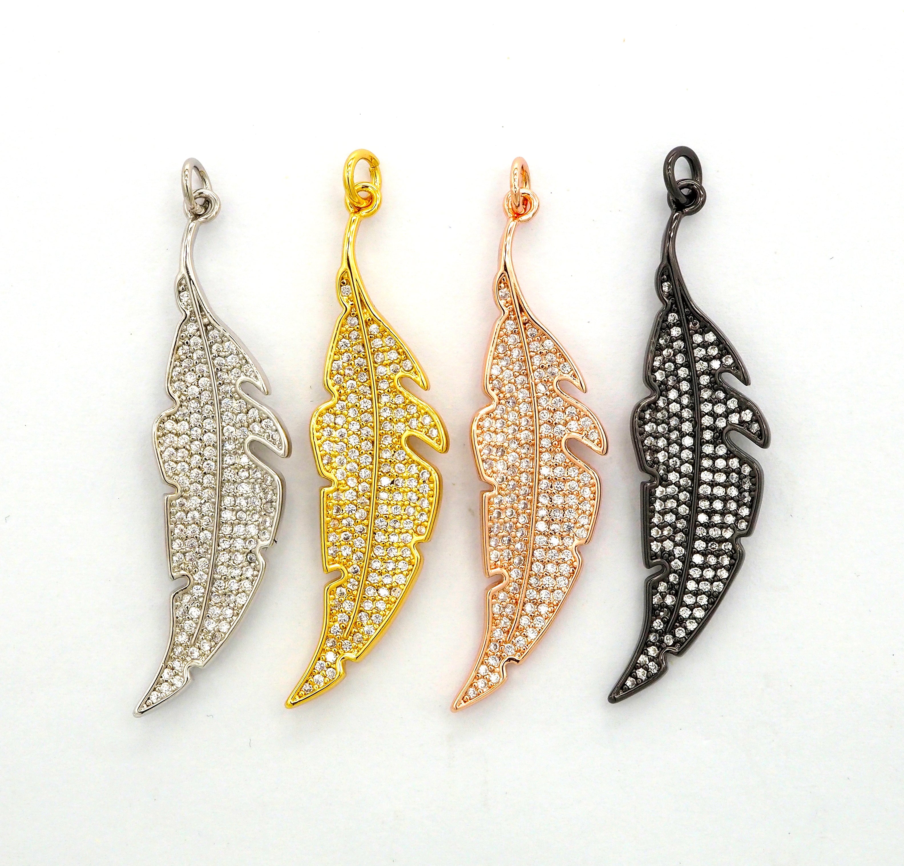 CZ Micro Pave Leaf Feather Pendant, Gold/Rose gold/Silver/Black plated, Cubic Zirconia leaf Pendant/Charm,46x12mm,sku#F511