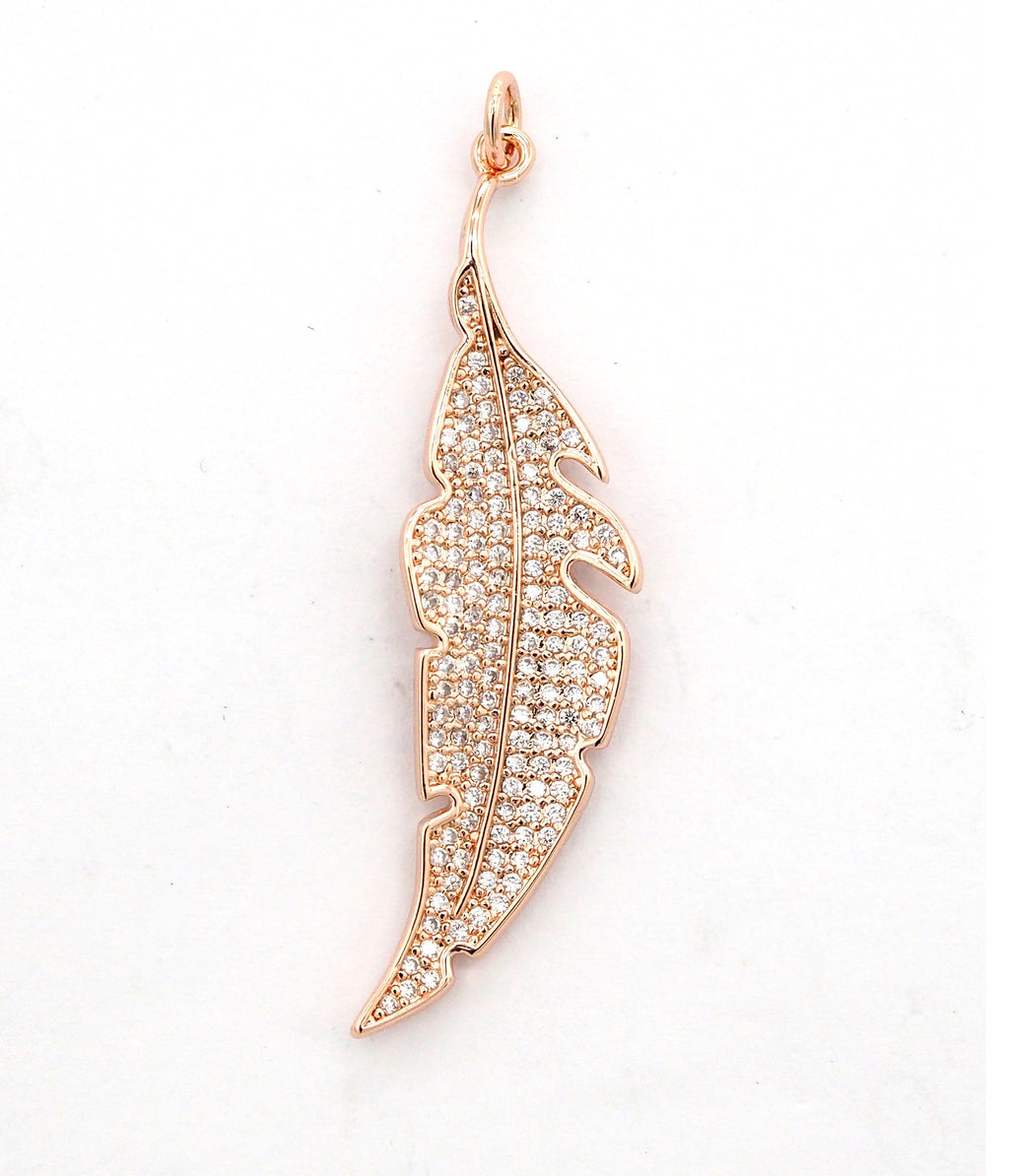 CZ Micro Pave Leaf Feather Pendant, Gold/Rose gold/Silver/Black plated, Cubic Zirconia leaf Pendant/Charm,46x12mm,sku#F511