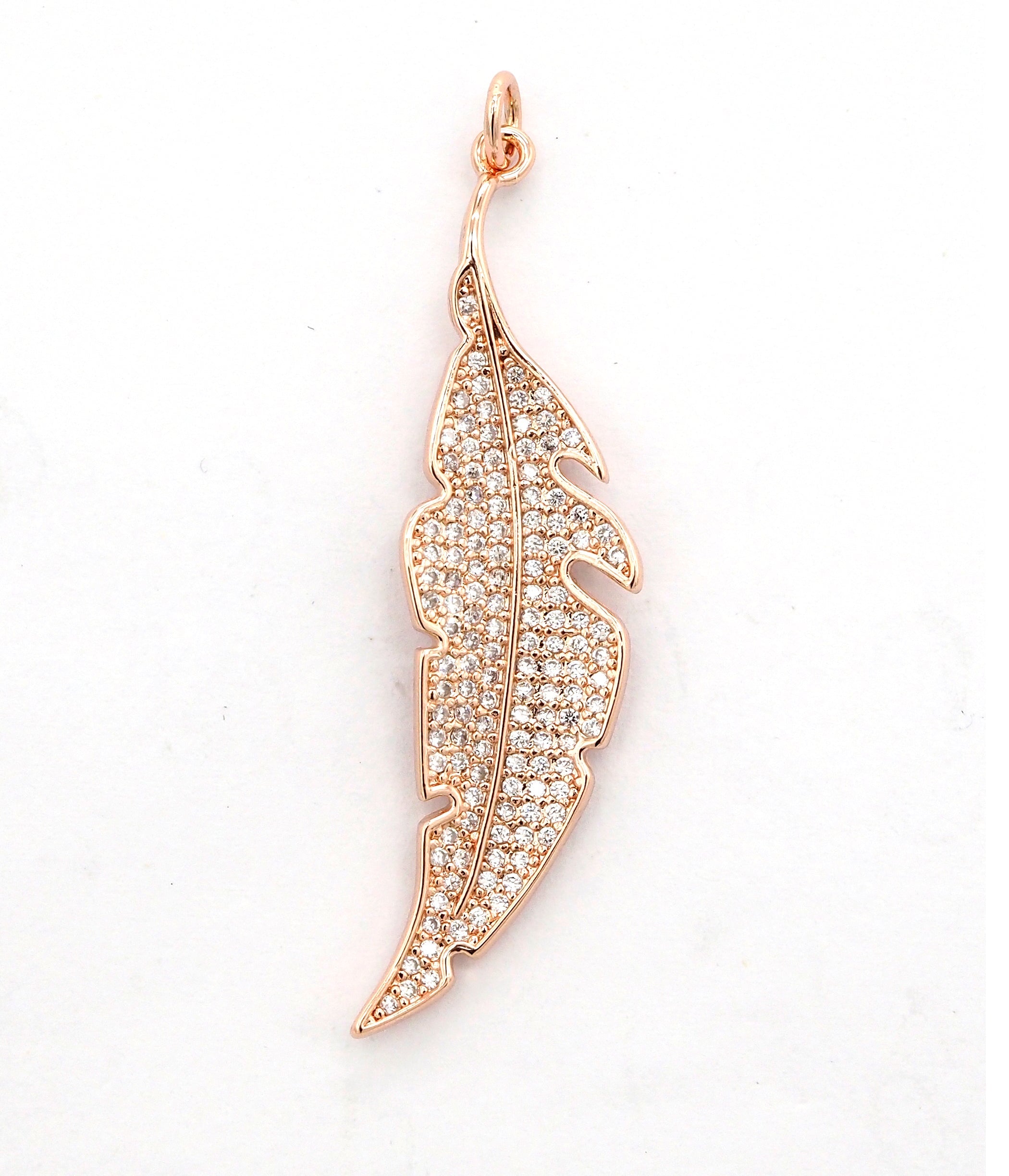 CZ Micro Pave Leaf Feather Pendant, Gold/Rose gold/Silver/Black plated, Cubic Zirconia leaf Pendant/Charm,46x12mm,sku#F511