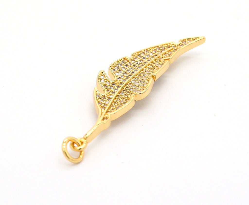 CZ Micro Pave Leaf Feather Pendant, Gold/Rose gold/Silver/Black plated, Cubic Zirconia leaf Pendant/Charm,46x12mm,sku#F511