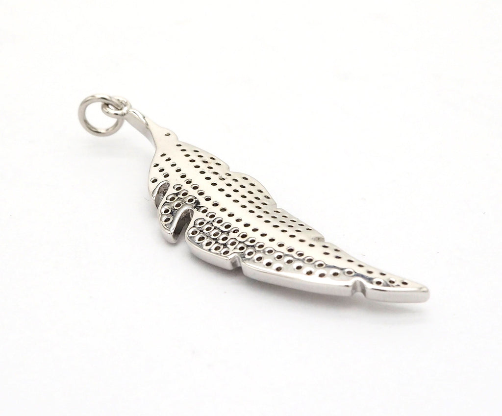 CZ Micro Pave Leaf Feather Pendant, Gold/Rose gold/Silver/Black plated, Cubic Zirconia leaf Pendant/Charm,46x12mm,sku#F511