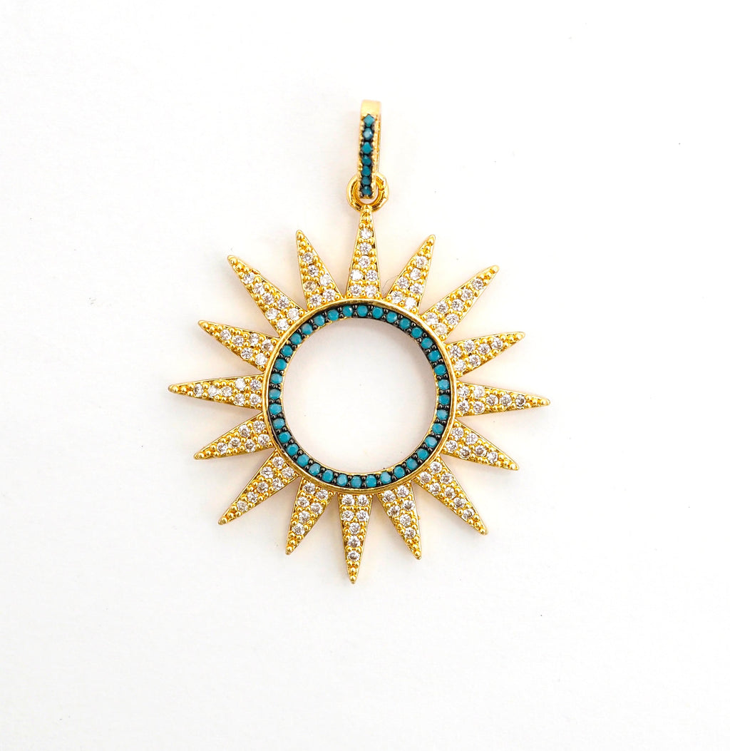 CZ Micro Pave Gold Plated Sun Flower Pendant,Cubic Zirconia Green/Turquoise/Fuchsia/Cobalt/Rainbow Color Charm, 33x36mm,sku#F504