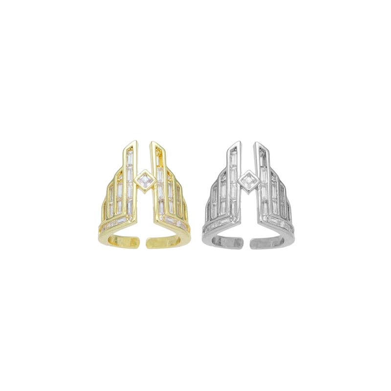 Clear Baguette CZ Warrior Tower Statement Adjustable Ring, Sku#LX673