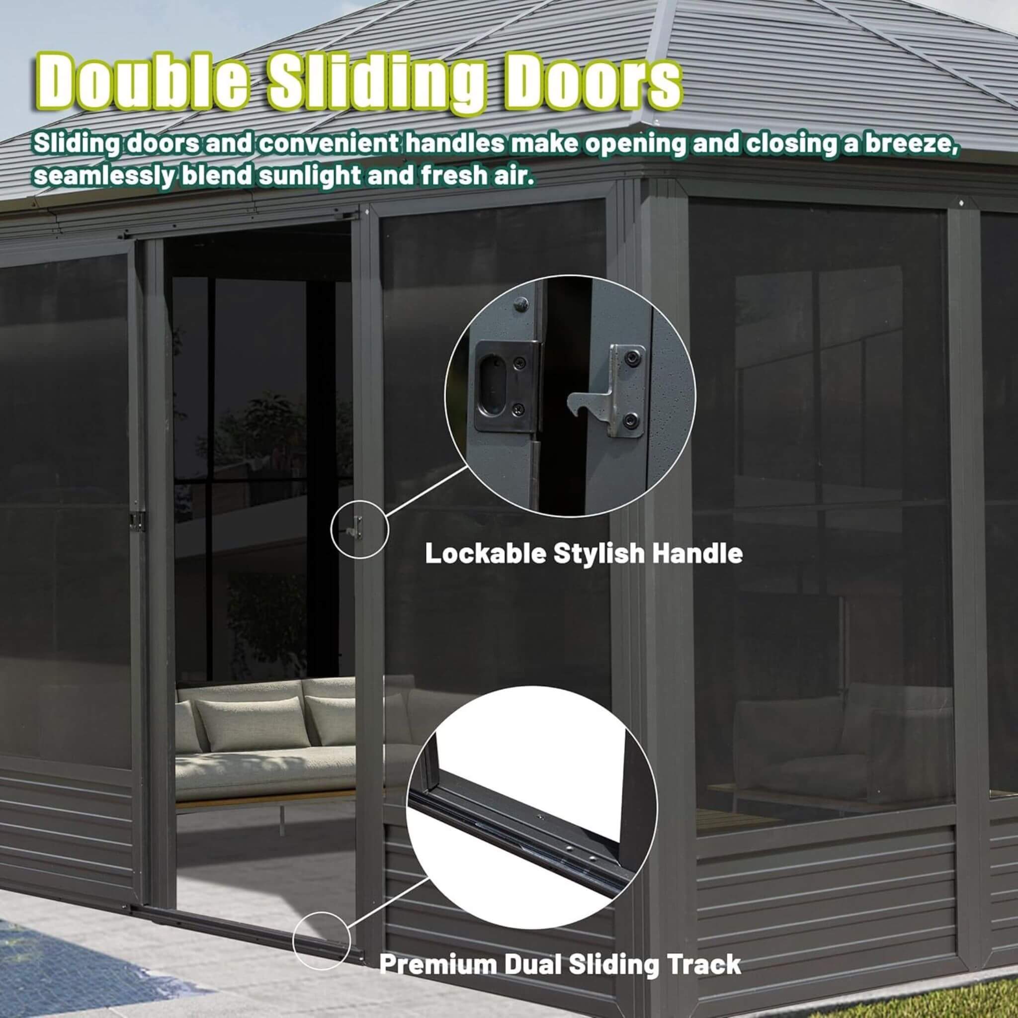 [11X14FT] Premium Four Season Outdoor Aluminum Hardtop Gazebo Sunroom With Galvanized Steel Roof, Sliding Doors And Movable PVC Screen Walls (SAK88776)