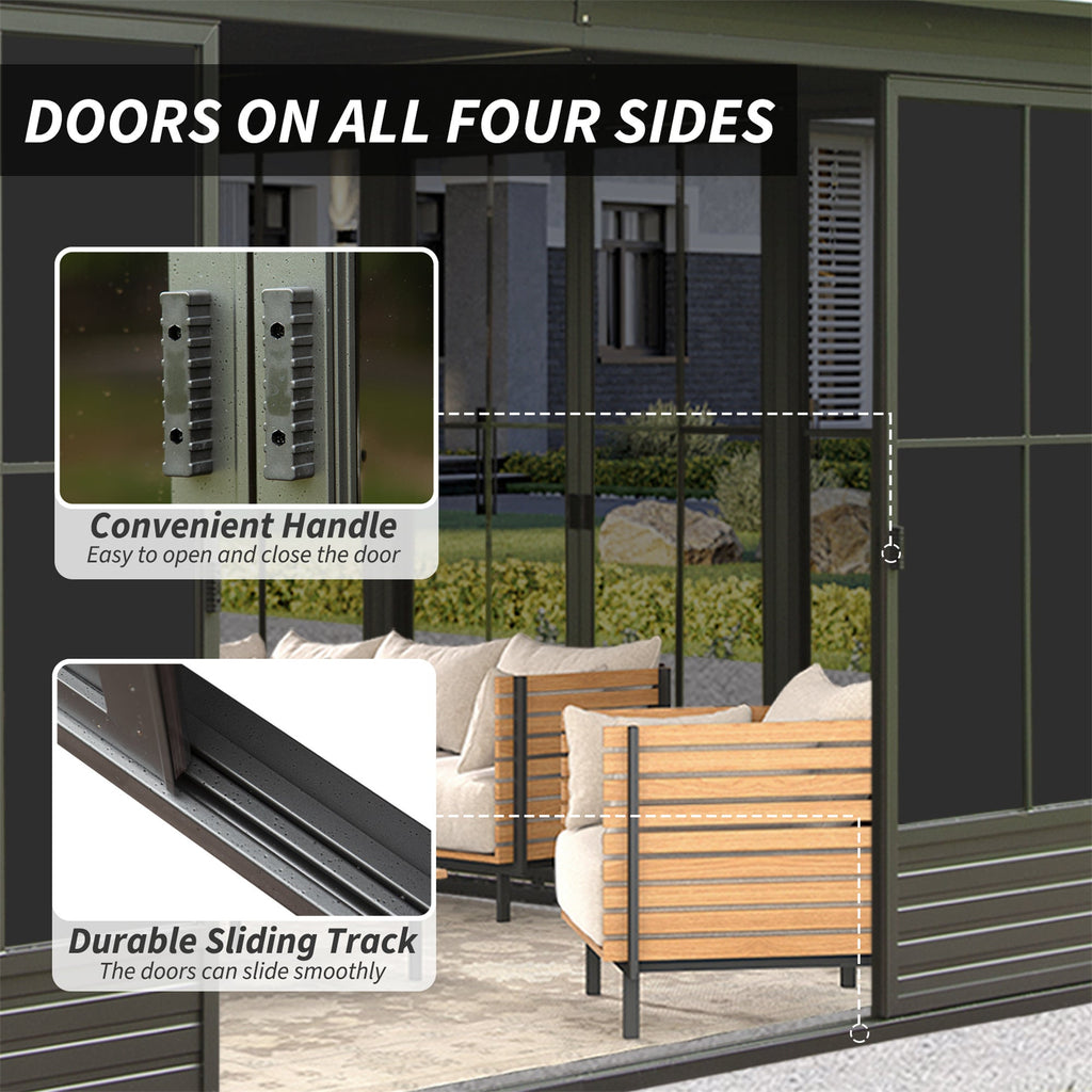 [12X14FT] Alora Premium All-Weather Outdoor Aluminum Sunroom With Galvanized Steel Hardtop Sloping Roof, Lockable Doors, And Moveable PC Screens (SAK76831)