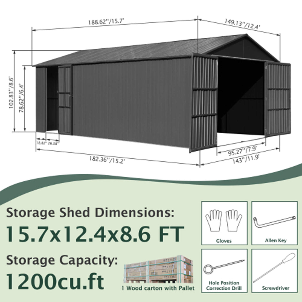 Extra-Large Outdoor Heavy-Duty Metal Garage Shed With Lockable Doors (SAK14093)