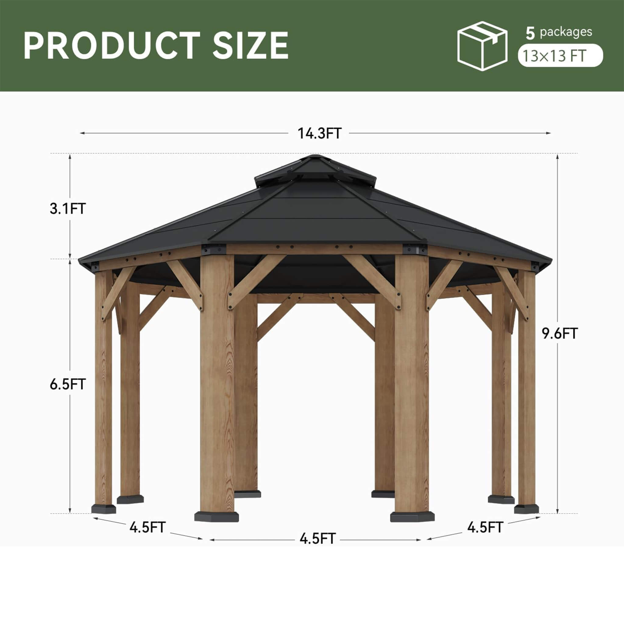 [13X13FT] Alora Cedar Wood Galvanized Steel Octagonal Hardtop Double Roof Gazebo (SAK17468)