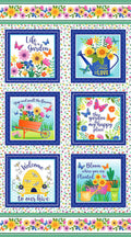 A colorful fabric or wallpaper pattern featuring six square garden-themed panels with floral borders. The panels include illustrations of flowers, butterflies, a watering can, a wheelbarrow of flowers, a bee hive, and garden quotes such as 'Life in a Garden' and 'Bloom where you are planted.