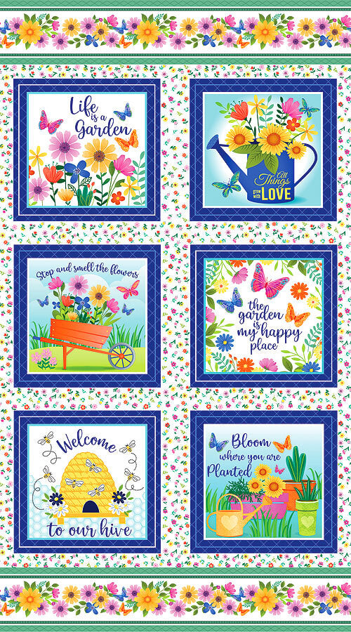 A colorful fabric or wallpaper pattern featuring six square garden-themed panels with floral borders. The panels include illustrations of flowers, butterflies, a watering can, a wheelbarrow of flowers, a bee hive, and garden quotes such as 'Life in a Garden' and 'Bloom where you are planted.