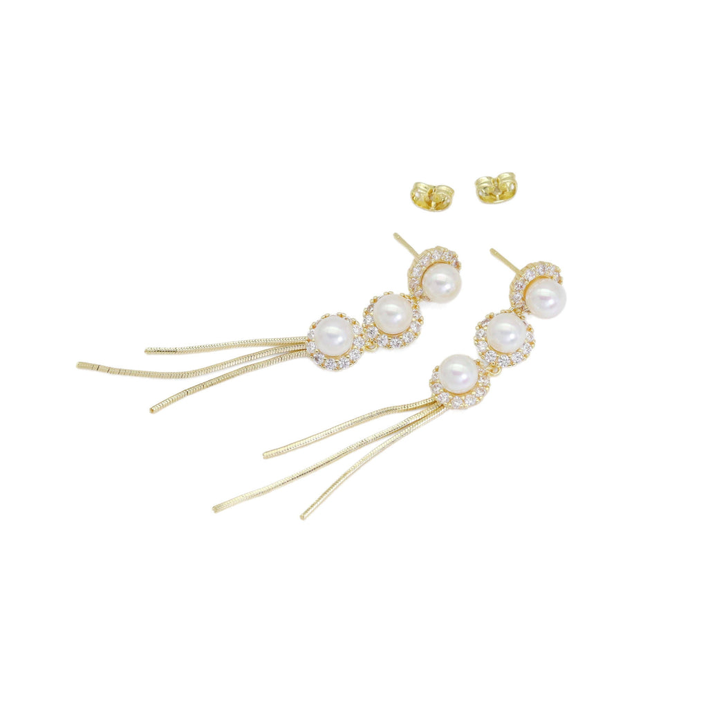 Gold Silver CZ White Pearl Tassel Dangle Earrings, Sku#ZX198